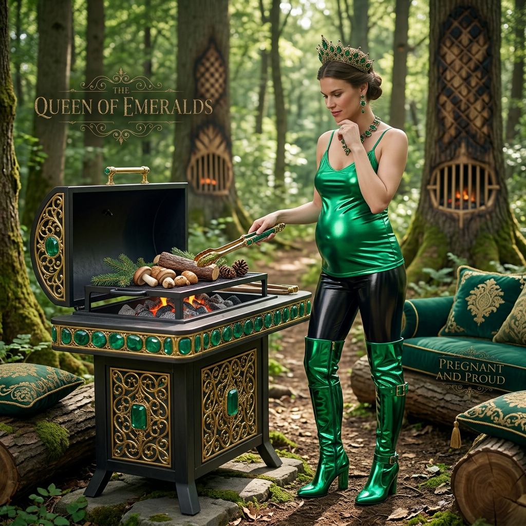 AI Design for this beautiful pregnant queen of emerald is grilling a forest and she wears shiny emerald boots that reached to her knees