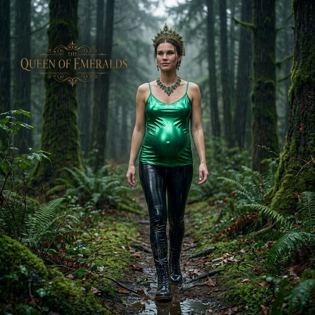 AI Design for this beautiful pregnant queen of emeralds is walking in a rainy forest with no umbrela and she wears black shiny boots