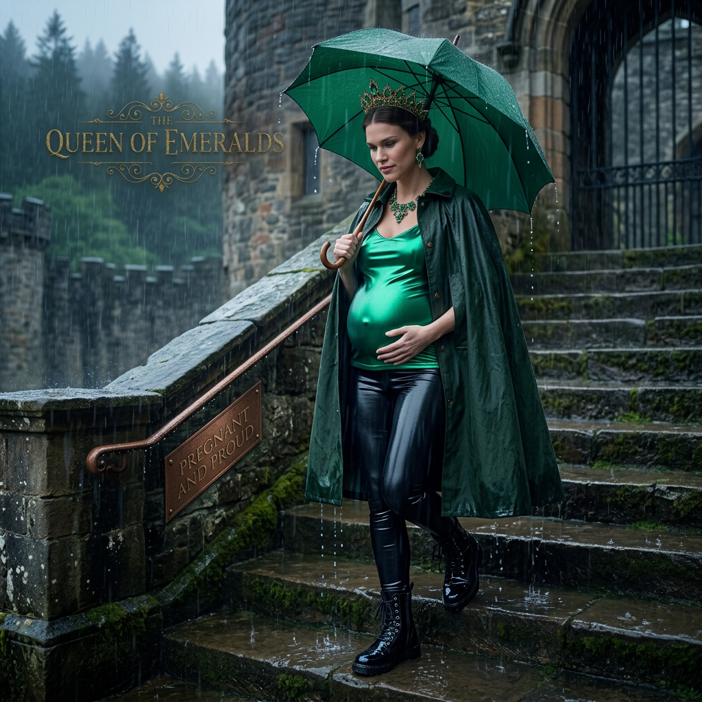 AI Design for this beautiful pregnant queen of emeralds is coming down and its rainy outside and she wears black shiny boots