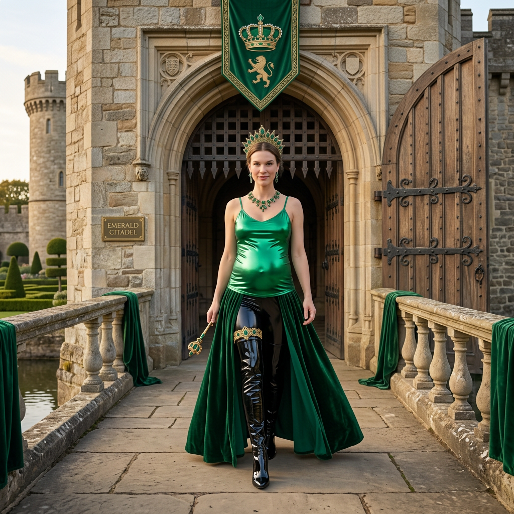 AI Design for this beautiful pregnant queen of emeralds is coming out from the castle and she wears black shiny boots