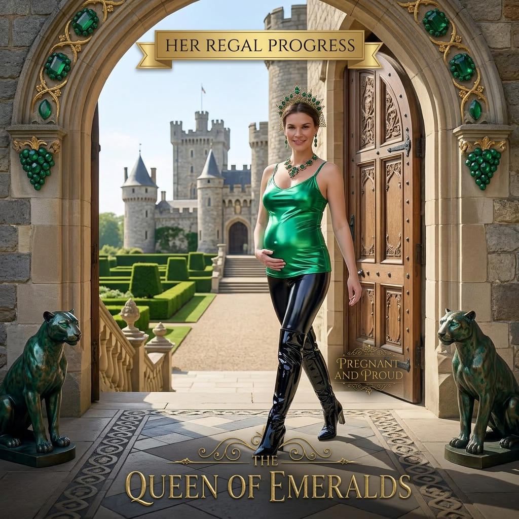 AI Design for this beautiful pregnant queen of emeralds is coming out from the castle and she wears black shiny boots
