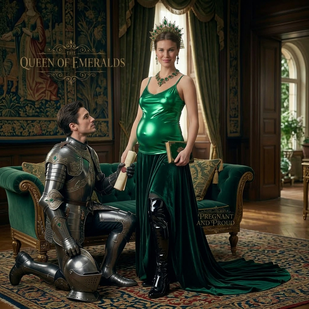 AI Design for this beautiful pregnant queen of emeralds is standing and she wears black shiny boots and the knight is kneeling