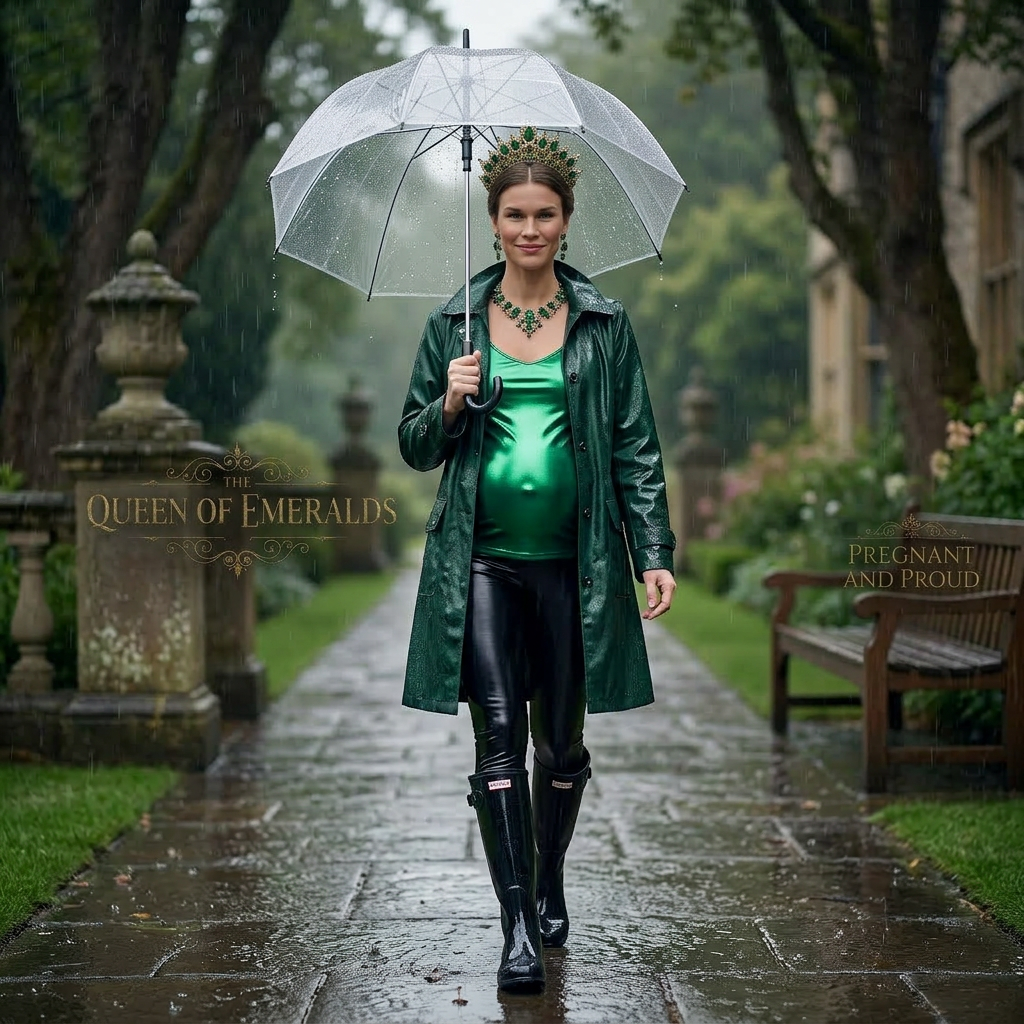 AI Design for this beautiful pregnant queen of emeralds is walking in a rainy and she wears black shiny boots