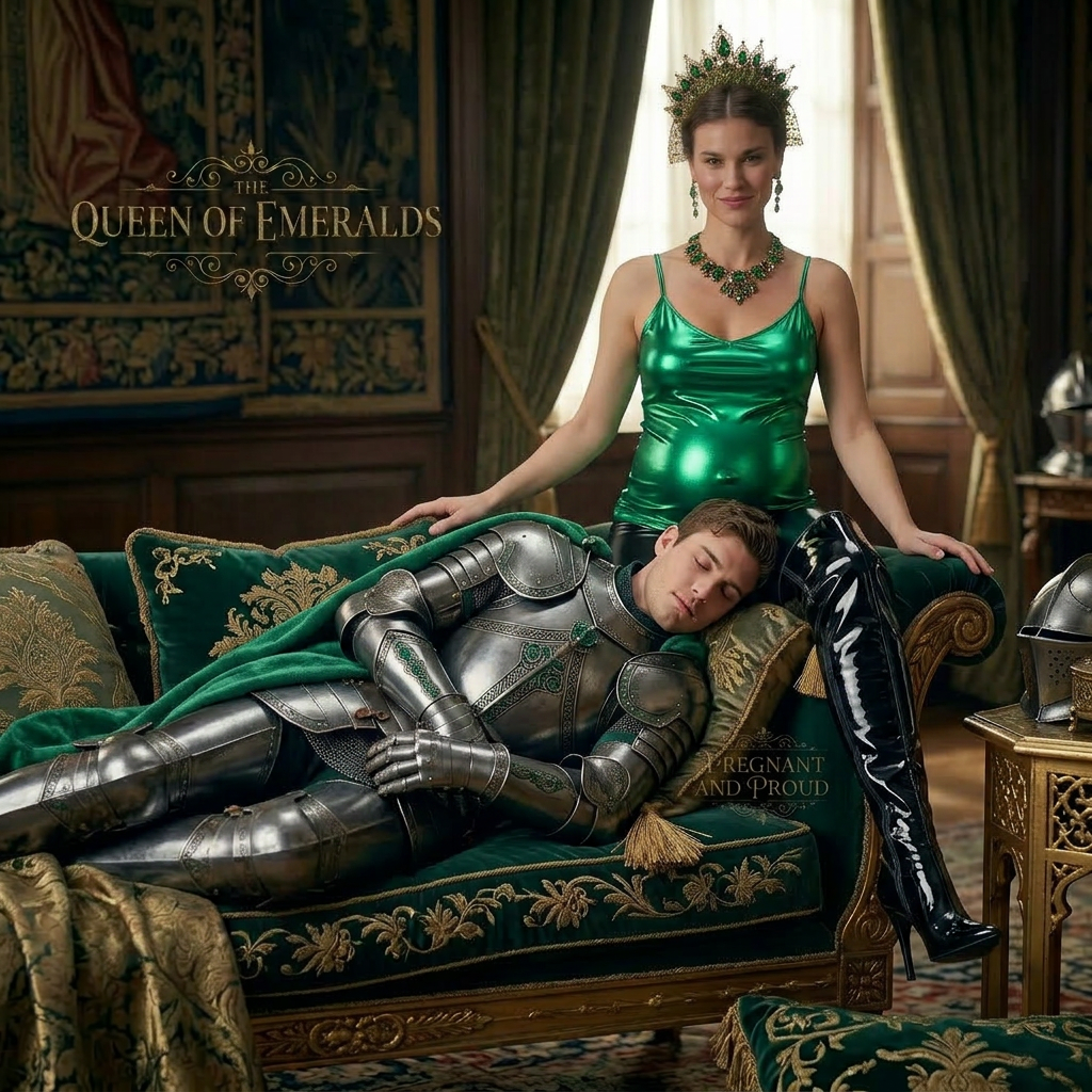 AI Design for this beautiful pregnant queen of emeralds is standing behind the couch and she wears black shiny boots and the knight is sleeping there