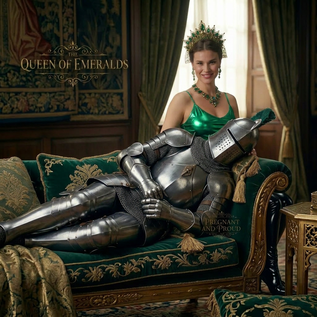 AI Design for this beautiful pregnant queen of emerald is sitting behind the couch and she wears shiny boots and knight is sleeping there