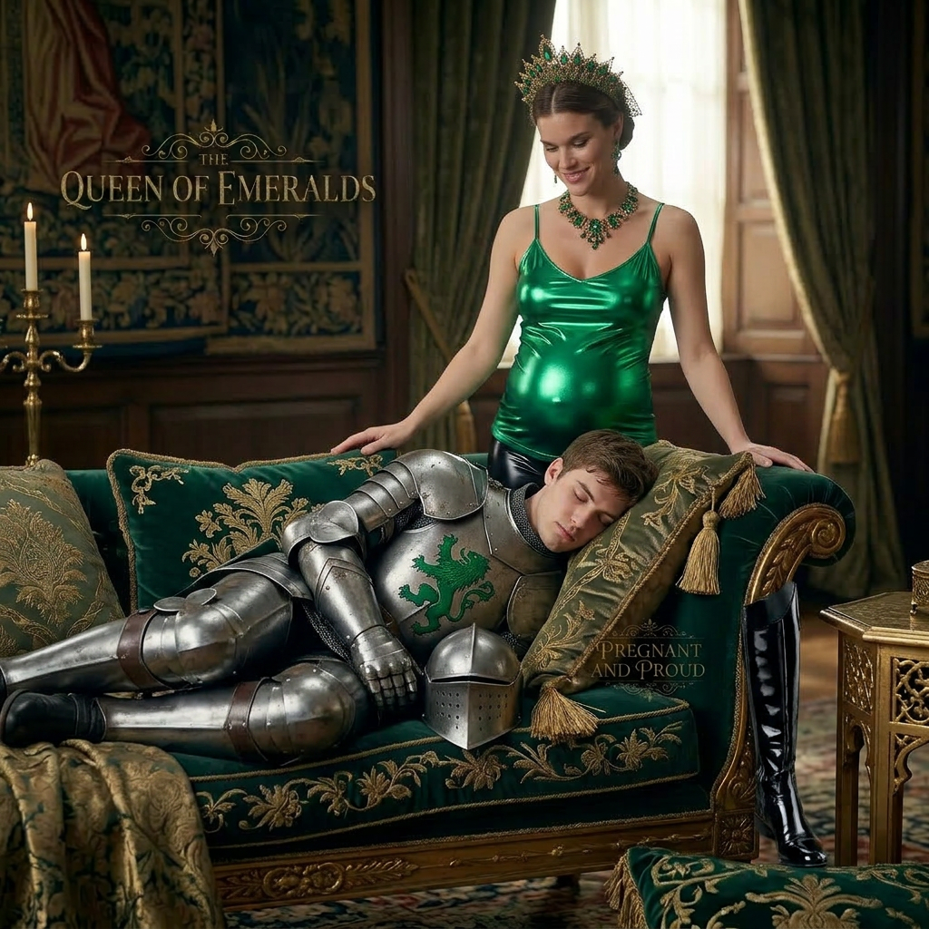 AI Design for this beautiful pregnant queen of emeralds is standing behind the couch and she wears black shiny boots and the knight is sleeping there
