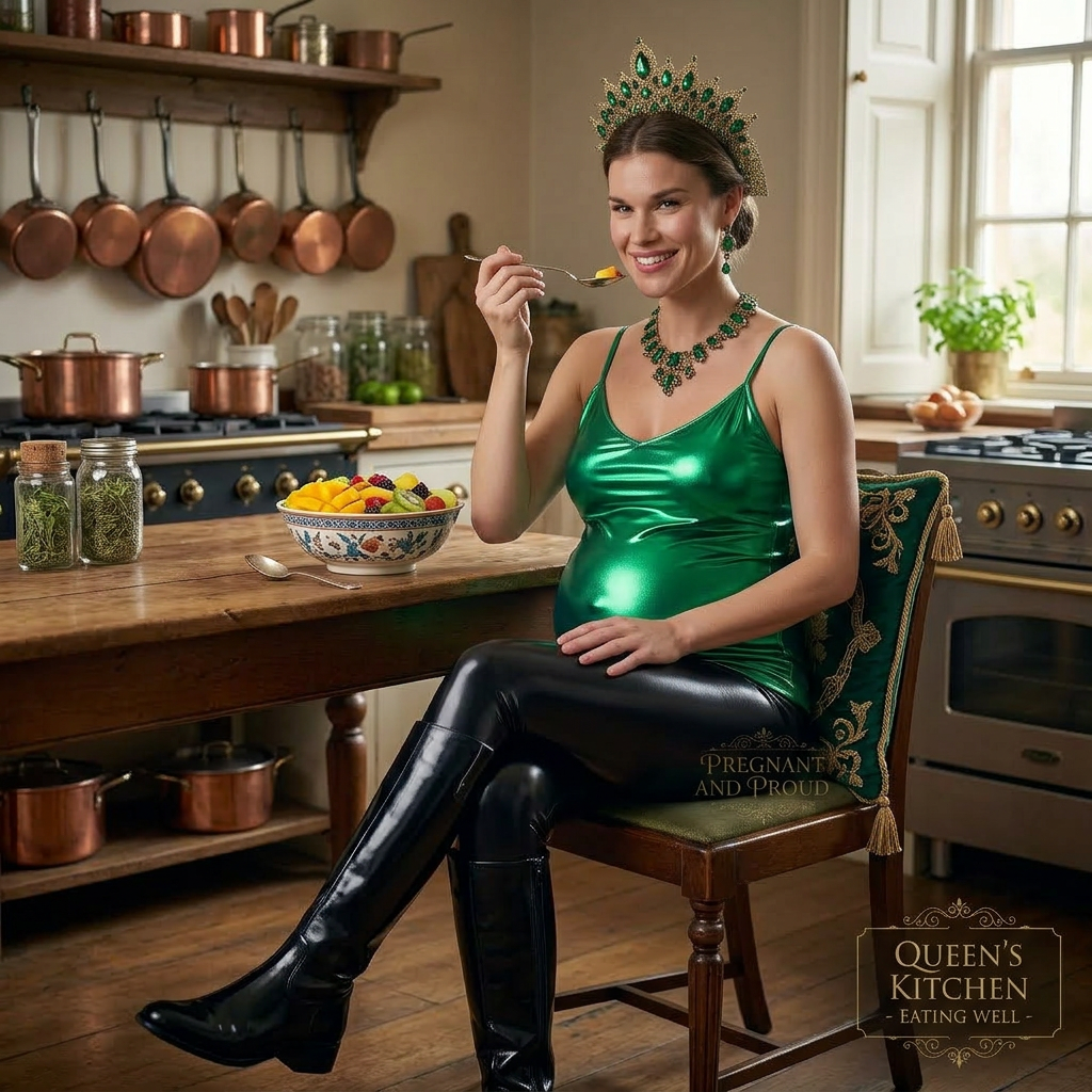 AI Design for this beautiful pregnant queen of emeralds is sitting and eating in a kitchen and she wears black shiny boots