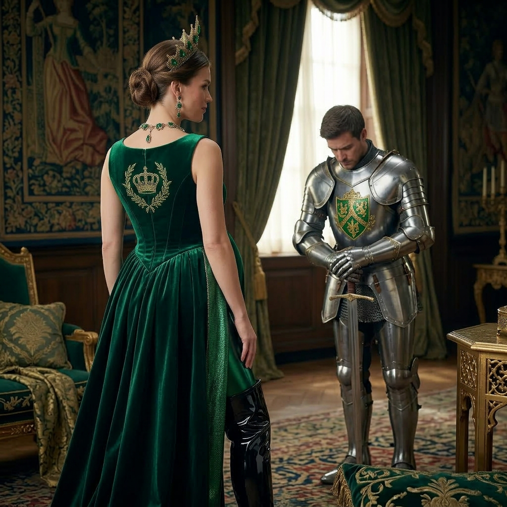 AI Design for this beautiful pregnant queen of emeralds is showing her back to the knight and she wears black shiny boots