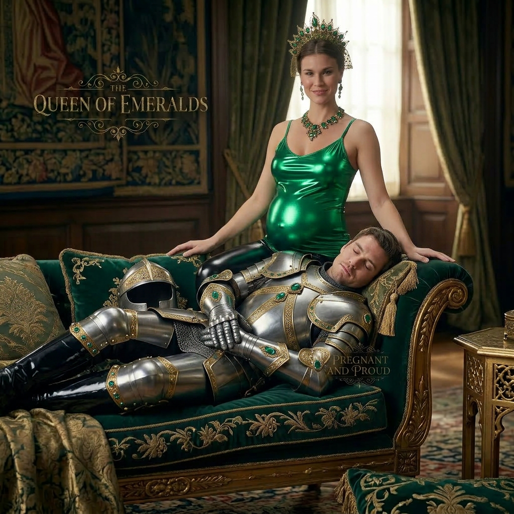 AI Design for this beautiful pregnant queen of emeralds is standing behind the couch and she wears black shiny boots and the knight is sleeping there