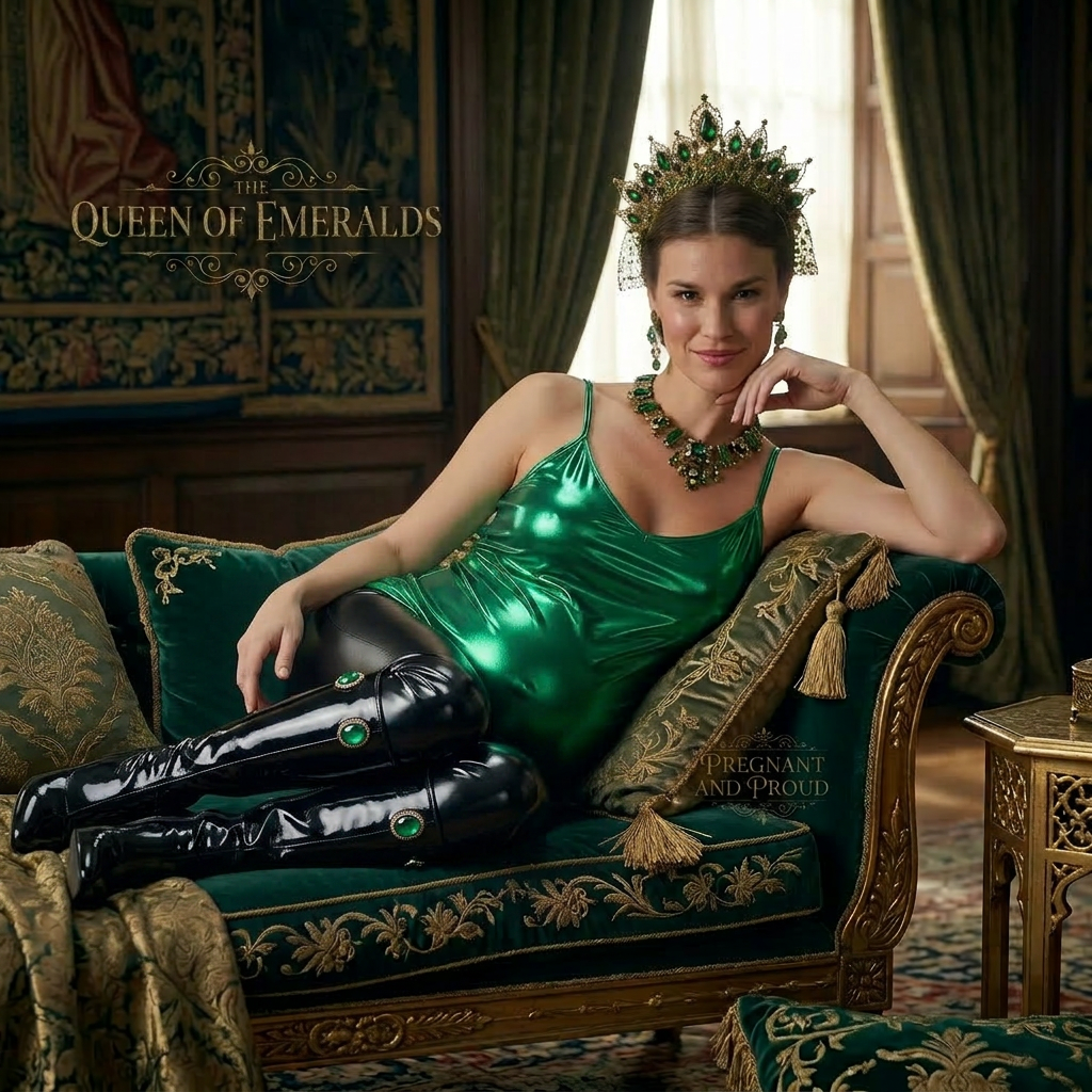 AI Design for this beautiful pregnant queen of emeralds is laying and showing sexy pose and she wears black shiny boots