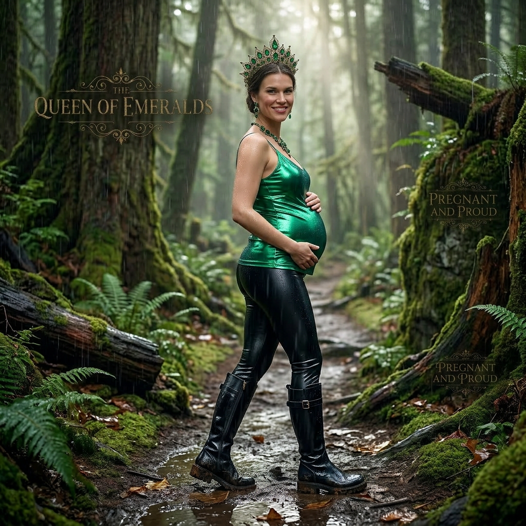 AI Design for this beautiful pregnant queen of emeralds is walking in a wet forest with no umbrela and she wears black shiny boots
