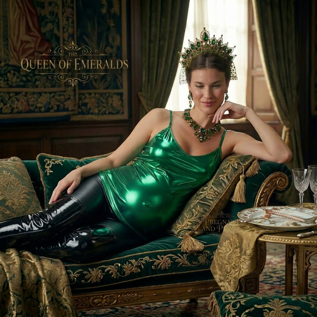 AI Design for this beautiful pregnant queen of emeralds is full because she ate the whole fish and she wears black shiny boots