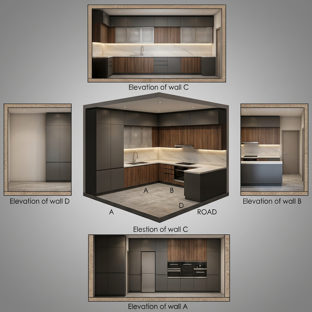 AI Design for study the image and make a proper kitchen 3d plan for presentation Make it realistic and Modular type kitchen dont make any changes in plan