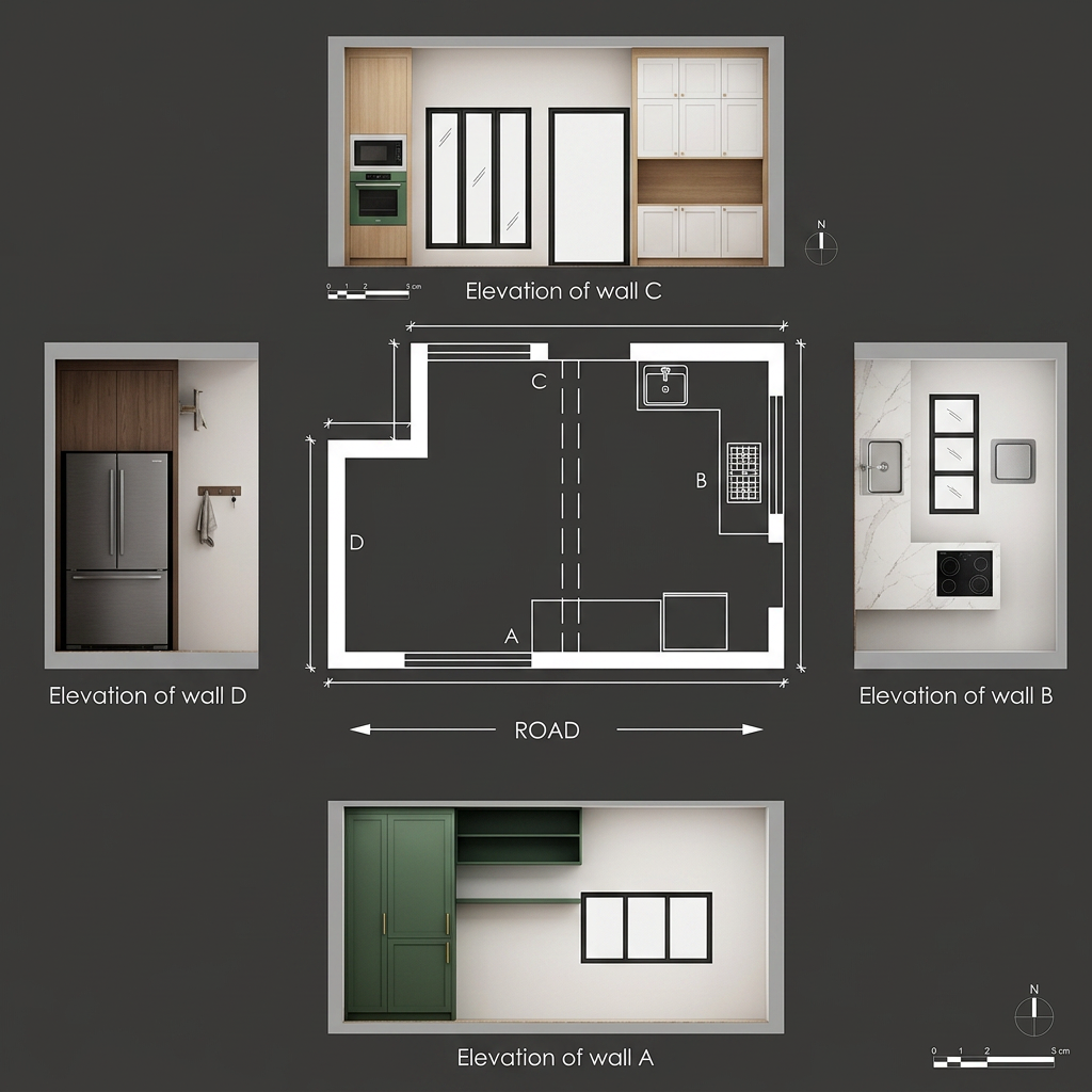 AI Design for study the image and make a proper kitchen 3d plan for presentation Make it realistic and Modular type kitchen dont make any changes in plan