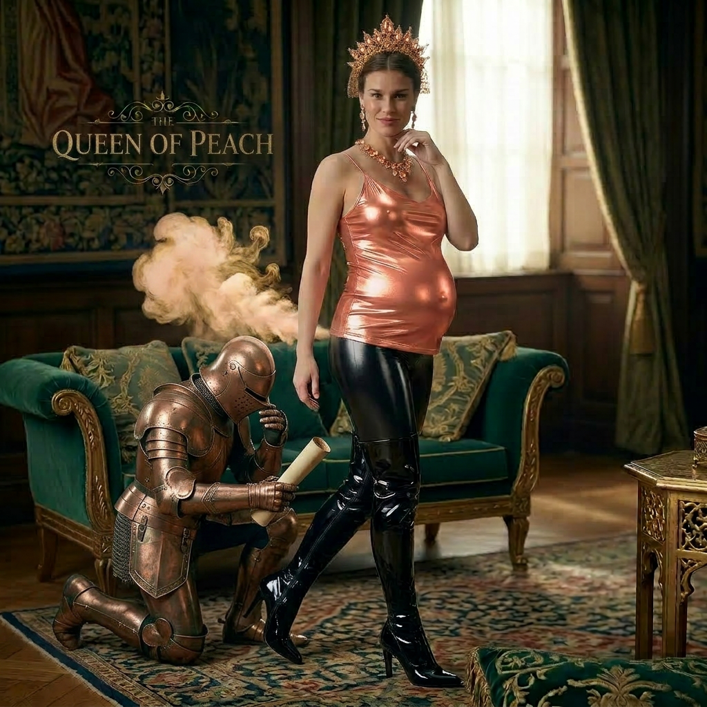 AI Design for this beautiful pregnant queen of peach is farting on a kneeling knight