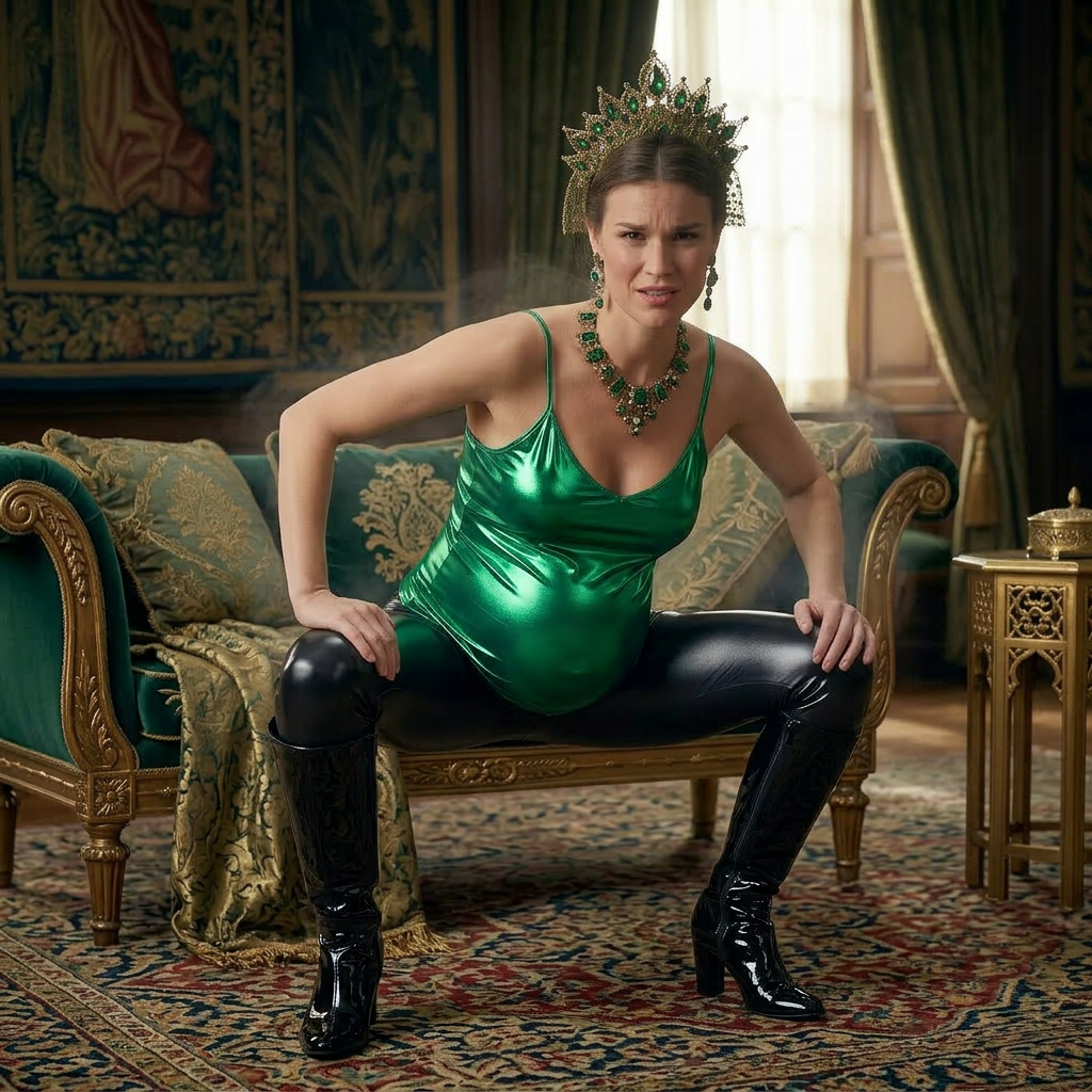AI Design for this beautiful pregnant queen of emerald is crouching for a fart and she wears shiny boots show her front body