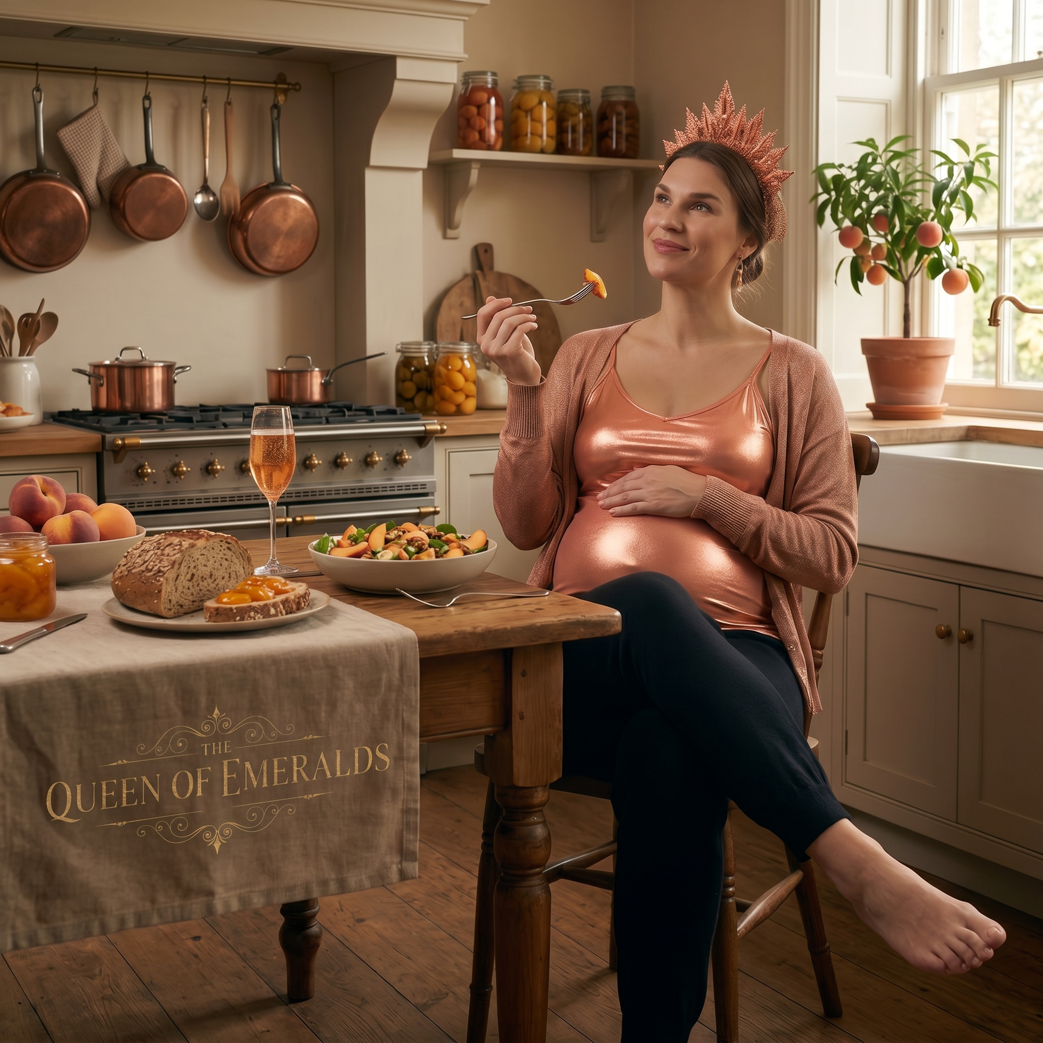 AI Design for this beautiful pregnant queen of peach is sitting and eating in a kitchen with crossed legs