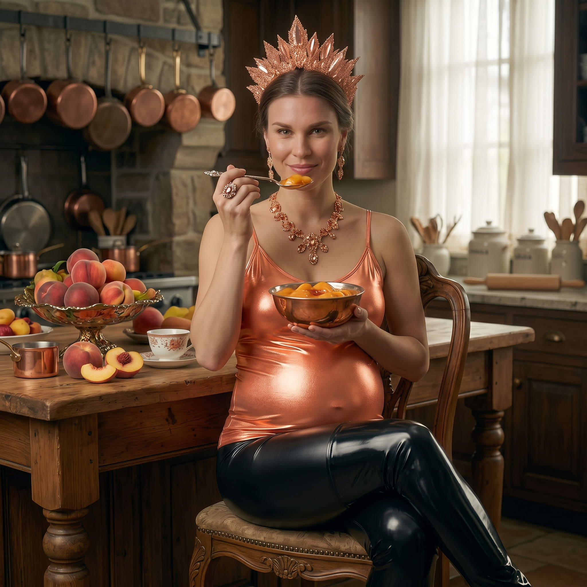 AI Design for this beautiful pregnant queen of peach is sitting and eating in a kitchen with crossed legs in this shiny outfit show her front