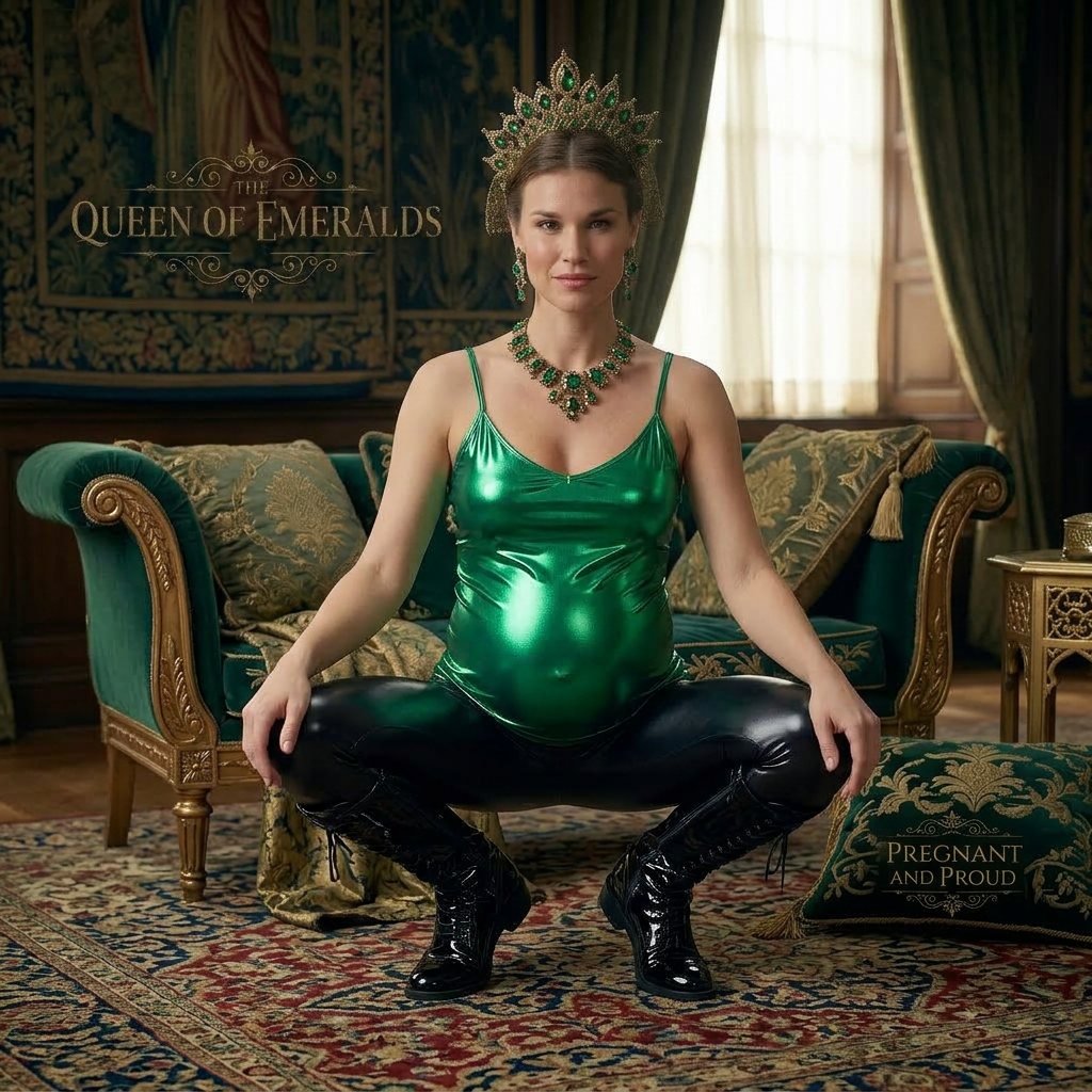 AI Design for this beautiful pregnant queen of emerald is crouching and she wears shiny boots show her front body