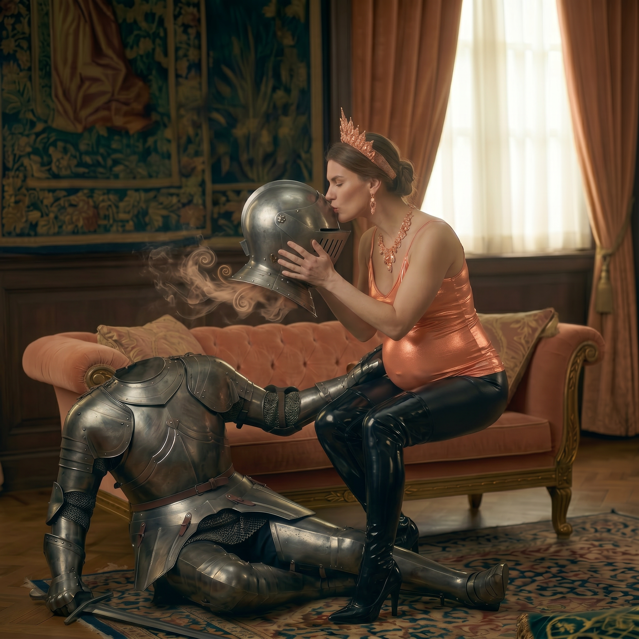 AI Design for this beautiful pregnant queen of peach is sitting and kissing this knight