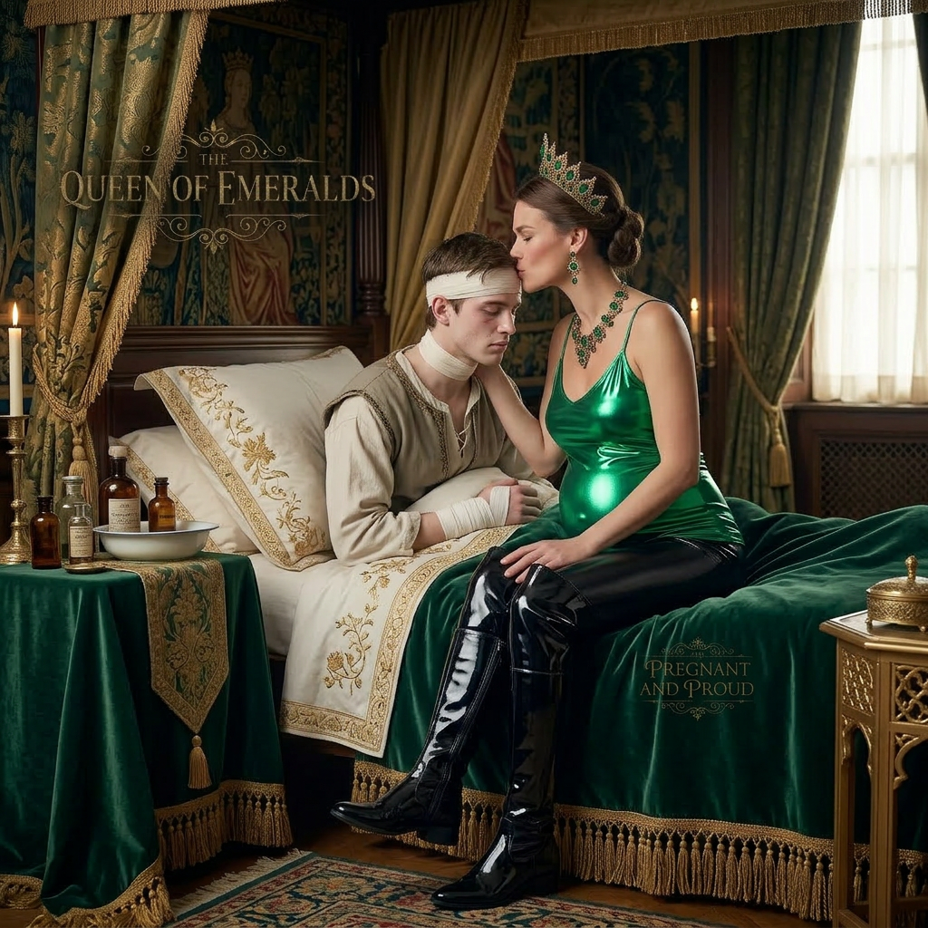 AI Design for this beautiful pregnant queen of emerald is sitting on a bed beside sick young knight and she wears shiny boots and she kissed him