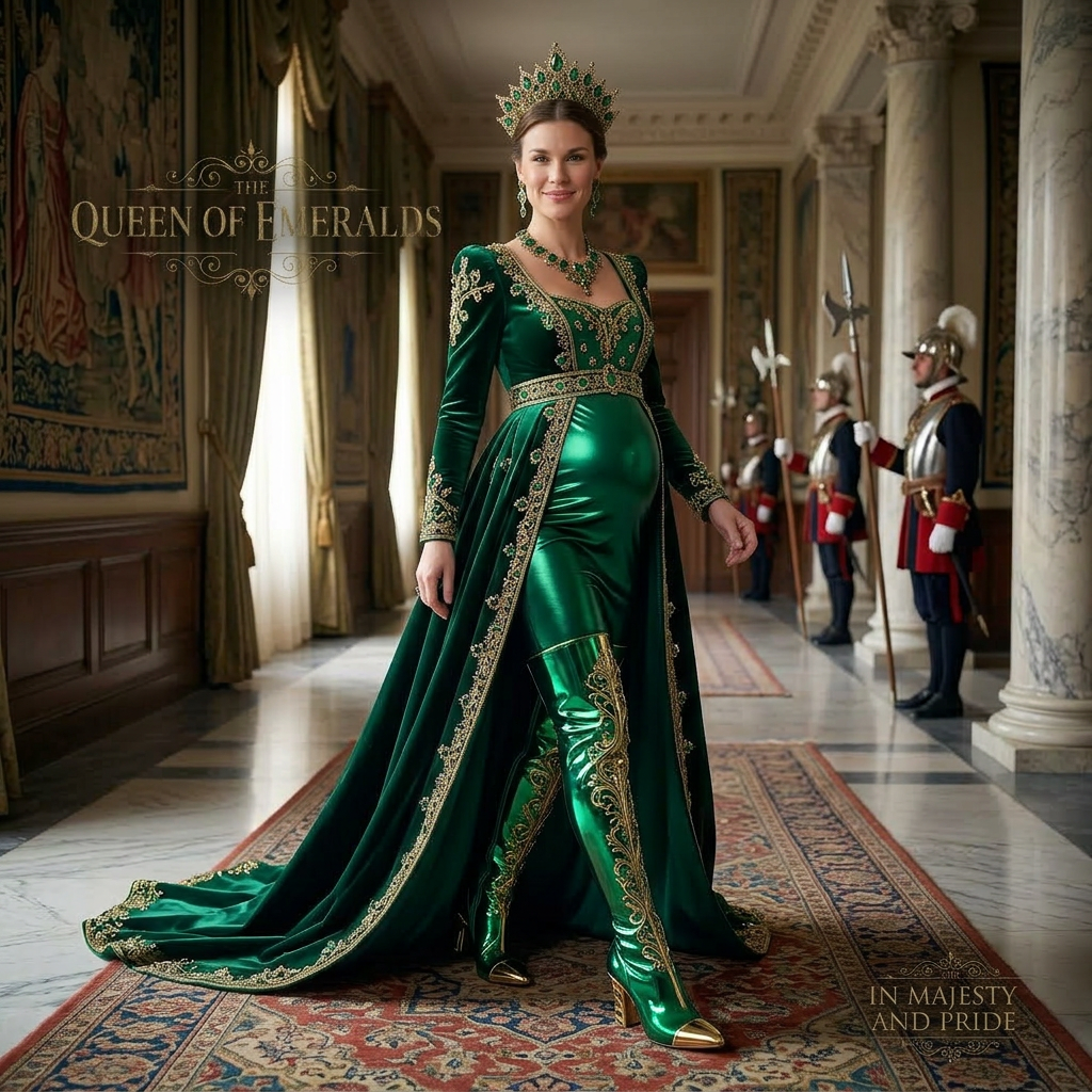 AI Design for this beautiful pregnant queen of emerald is walking and she wears shiny boots