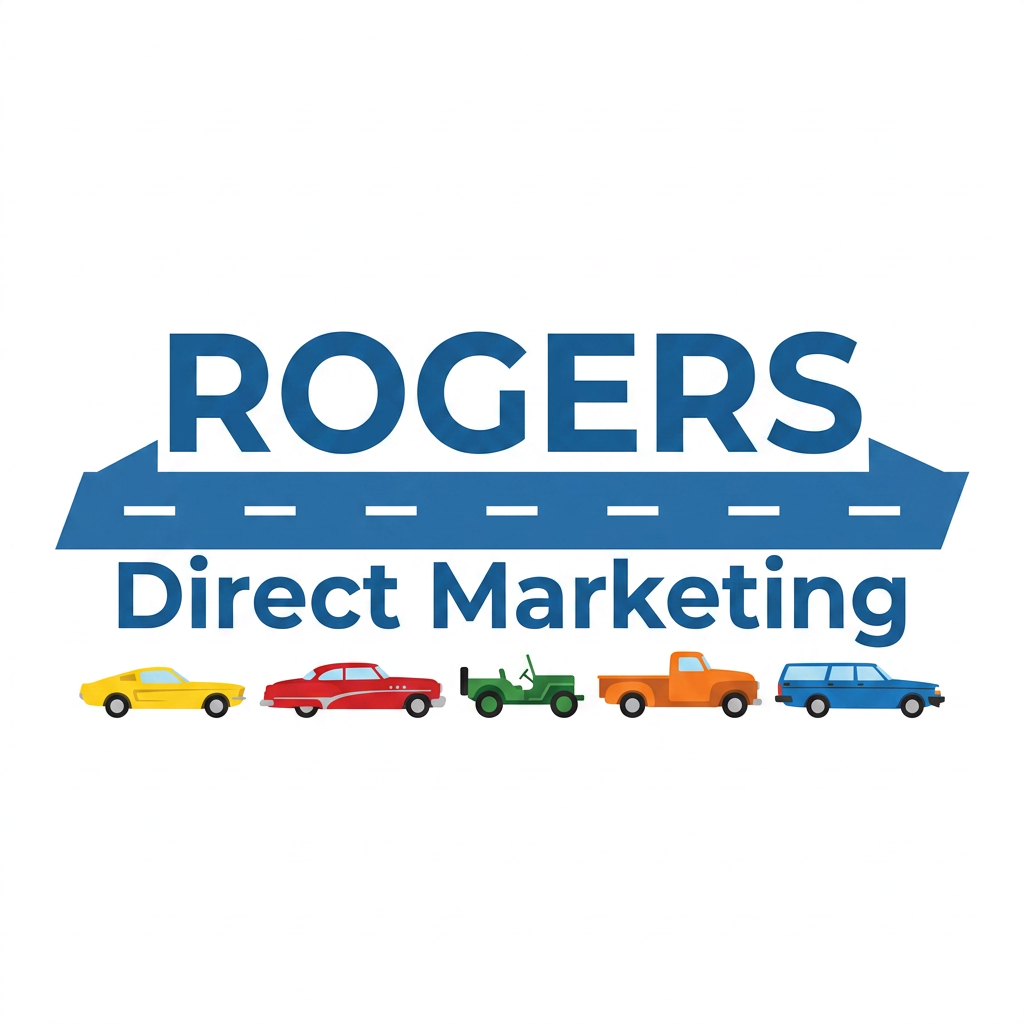AI Design for A professional flat-vector logo facelift for "Rogers Direct Marketing". The central text "Rogers Direct Marketing" is written in a clean, professional font in a distinct, signature blue hue. The text sits against a solid blue backdrop shape, which is subtly designed to look like a road by including clean, thin white centerlines running through it. Lined up perfectly straight directly beneath the main text, add a neat, tidy, and playful row of 5 to 6 tiny, cartoonish cars. The cars should resemble minimal, recognizable shapes of classic vehicles like a Ford, Buick, Jeep, GMC, and Volvo, styled in bright, vibrant primary colors. The overall design must look highly organized, clean, modern, and fun without being cluttered. Flat 2D vector style, solid colors, isolated on a clean white background.