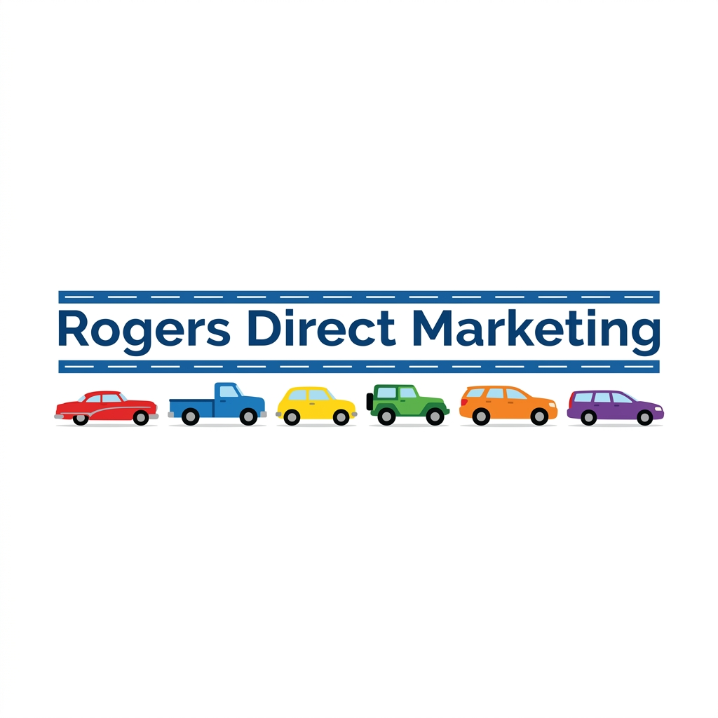AI Design for A professional flat-vector logo facelift for "Rogers Direct Marketing". The central text "Rogers Direct Marketing" is written in a clean, professional font in a distinct, signature blue hue. The text sits against a solid blue backdrop shape, which is subtly designed to look like a road by including clean, thin white centerlines running through it. Lined up perfectly straight directly beneath the main text, add a neat, tidy, and playful row of 5 to 6 tiny, cartoonish cars. The cars should resemble minimal, recognizable shapes of classic vehicles like a Ford, Buick, Jeep, GMC, and Volvo, styled in bright, vibrant primary colors. The overall design must look highly organized, clean, modern, and fun without being cluttered. Flat 2D vector style, solid colors, isolated on a clean white background.