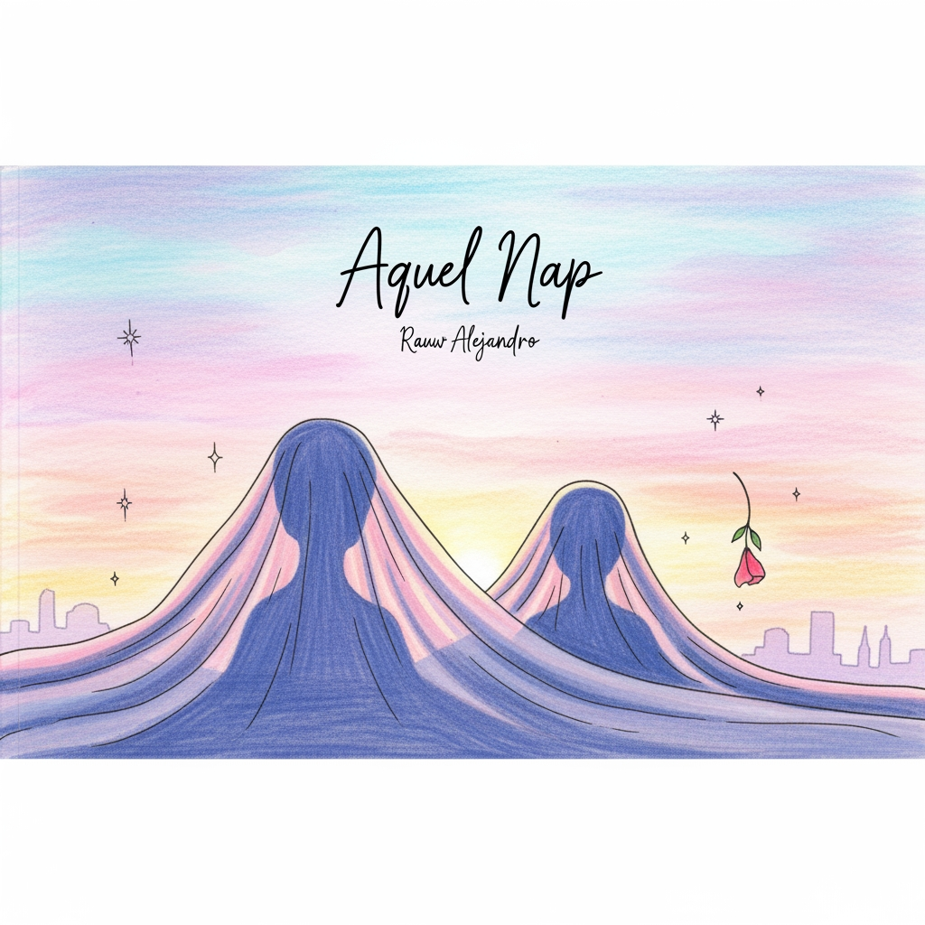 AI Design for estou haciendole un libro a mi novia poniendo en cada pagina una frase de la cancion de aquel nap de rauw alejandro. pero no se que portada ponerle el libro, ayudame. somos dos chicas e y no quiero que explicitamenre haya una paeja, pon algo que temga que ver con la cancion. que sea horizontal. ten en cuenta que lo tengo que dibujar yo. QUE TENGA QUE VER CON LA CANCION