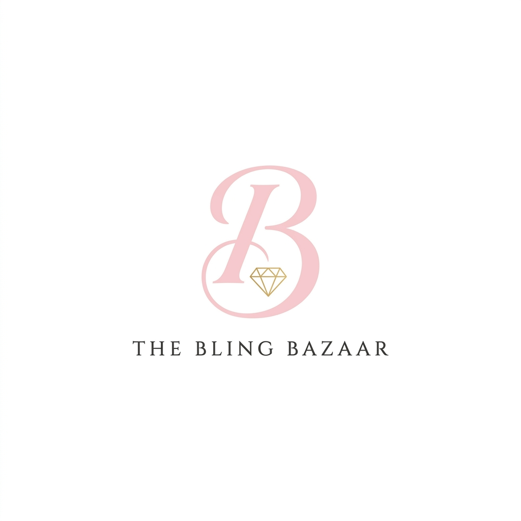 AI Design for A minimalist logo for 'The Bling Bazaar'. The design features an elegant serif monogram of the letter 'B' in a soft baby pink color. A delicate, fine-line gold accent shaped like a small diamond is integrated into the curve of the letter. Clean white background, high-end fashion branding style, luxury aesthetic."