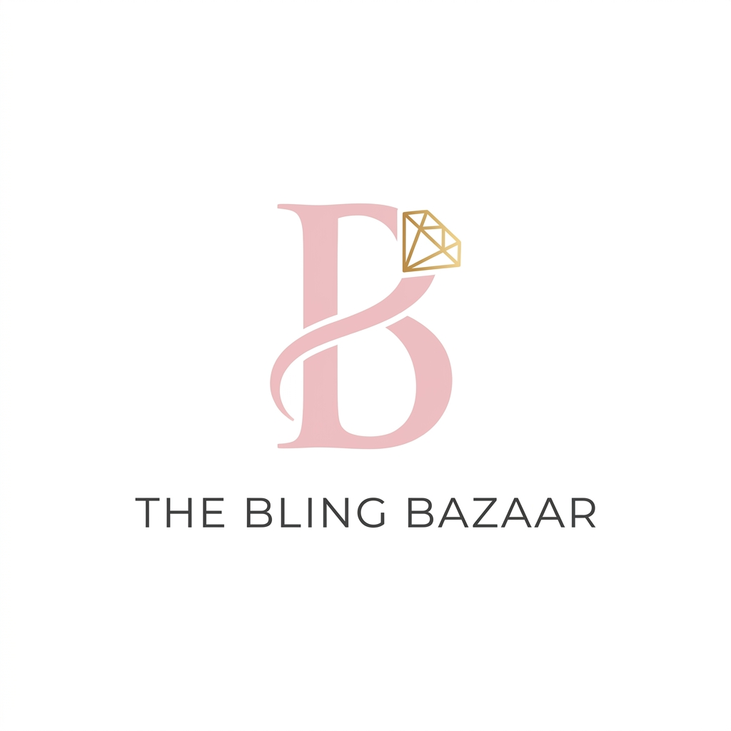 AI Design for A minimalist logo for 'The Bling Bazaar'. The design features an elegant serif monogram of the letter 'B' in a soft baby pink color. A delicate, fine-line gold accent shaped like a small diamond is integrated into the curve of the letter. Clean white background, high-end fashion branding style, luxury aesthetic."