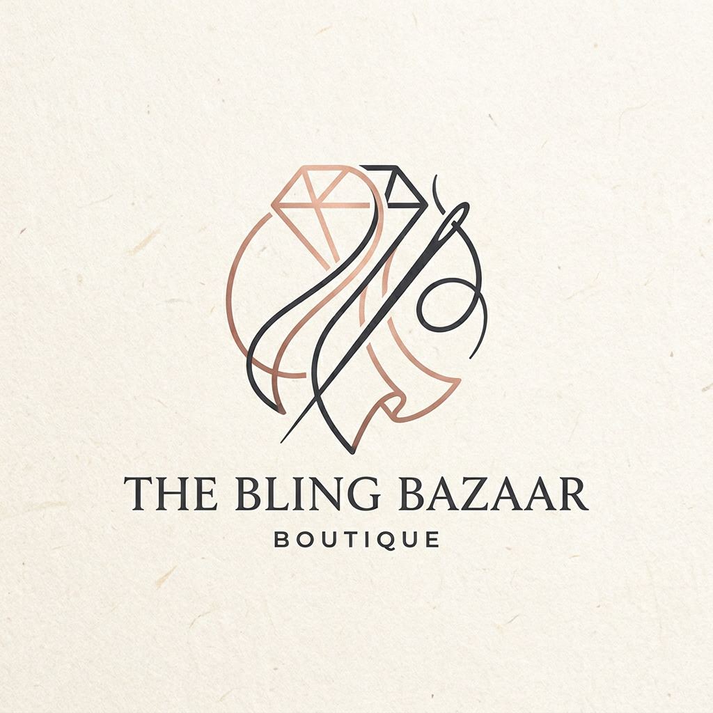 AI Design for A sophisticated and minimalist logo design for a high-end boutique called 'The Bling Bazaar'. The emblem features a delicate, intertwined icon representing a sparkling diamond, a graceful saree drape, and a stylized needle and thread, rendered in a luxurious color palette of rose gold and deep charcoal. The aesthetic is clean, timeless, and elegant, set against a soft, textured cream background to emphasize premium quality and artisanal craftsmanship.