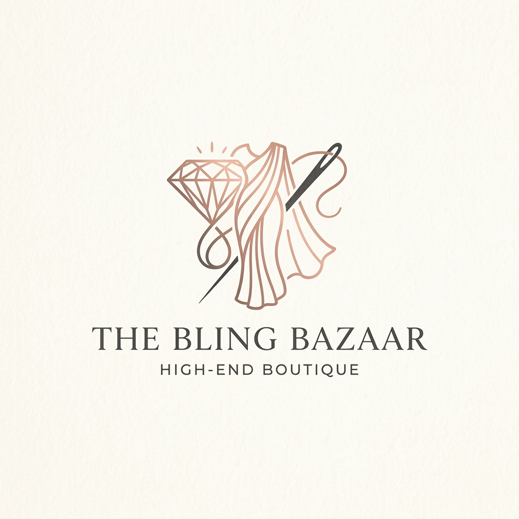 AI Design for A sophisticated and minimalist logo design for a high-end boutique called 'The Bling Bazaar'. The emblem features a delicate, intertwined icon representing a sparkling diamond, a graceful saree drape, and a stylized needle and thread, rendered in a luxurious color palette of rose gold and deep charcoal. The aesthetic is clean, timeless, and elegant, set against a soft, textured cream background to emphasize premium quality and artisanal craftsmanship.