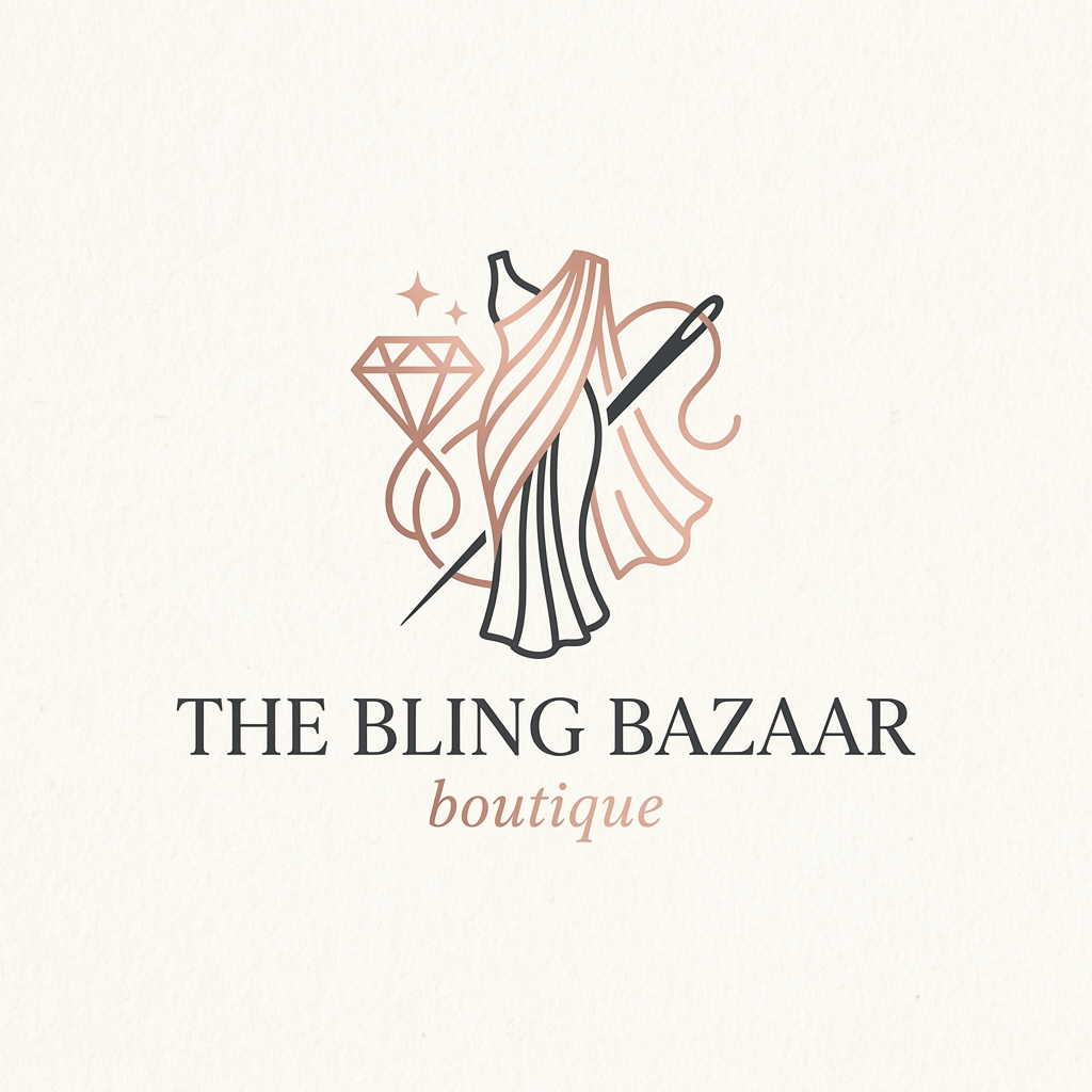 AI Design for A sophisticated and minimalist logo design for a high-end boutique called 'The Bling Bazaar'. The emblem features a delicate, intertwined icon representing a sparkling diamond, a graceful saree drape, and a stylized needle and thread, rendered in a luxurious color palette of rose gold and deep charcoal. The aesthetic is clean, timeless, and elegant, set against a soft, textured cream background to emphasize premium quality and artisanal craftsmanship.