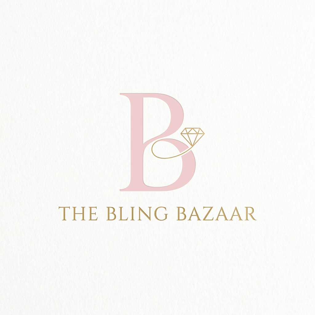AI Design for A minimalist logo for 'The Bling Bazaar'. The design features an elegant serif monogram of the letter 'B' in a soft baby pink color. A delicate, fine-line gold accent shaped like a small diamond is integrated into the curve of the letter. Clean white background, high-end fashion branding style, luxury aesthetic."