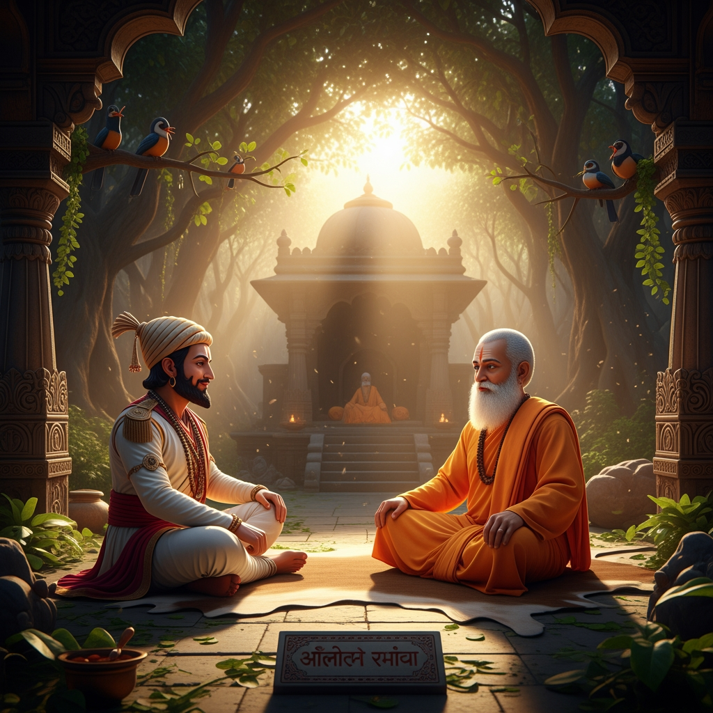 AI Design for Prompt:
"A cinematic 3D animated historical scene featuring the great Maratha king Chhatrapati Shivaji Maharaj sitting respectfully before his spiritual guru Samarth Ramdas in a peaceful forest ashram at sunrise. Ancient Indian architecture, saffron robes, traditional Maratha royal attire, gentle breeze, birds chirping, spiritual atmosphere, realistic facial expressions, cinematic lighting, high-quality animation, devotional mood, ultra-detailed, 4K."శివాజీ మహారాజు: "గురుదేవా, రాజ్యాన్ని పాలించడం నా కర్తవ్యం. కానీ మనశ్శాంతిని ఎలా పొందగలను?"
గురుజీ (సమర్థ రామదాస్): "శివబా, కర్తవ్యాన్ని భగవంతునికి అర్పణగా భావించి చేయి. ఫలితం గురించి ఆలోచించకు."
శివాజీ మహారాజు: "అలా చేస్తే ఆత్మశాంతి లభిస్తుందా గురుదేవా?"
గురుజీ: "అవును శివబా. భక్తి, ధర్మం, సేవ—ఈ మూడు నీకు నిజమైన శాంతిని ప్రసాదిస్తాయి."
శివాజీ మహారాజు: "మీ ఆశీర్వాదంతో ఆ మార్గంలో నడుస్తాను గురుదేవా."
గురుజీ: "శ్రీరాముని కృప నీతో ఎల్లప్పుడూ ఉంటుంది."🎵 Background Music: Soft flute, tanpura, birds chirping, peaceful devotional ambience give me in vedio .