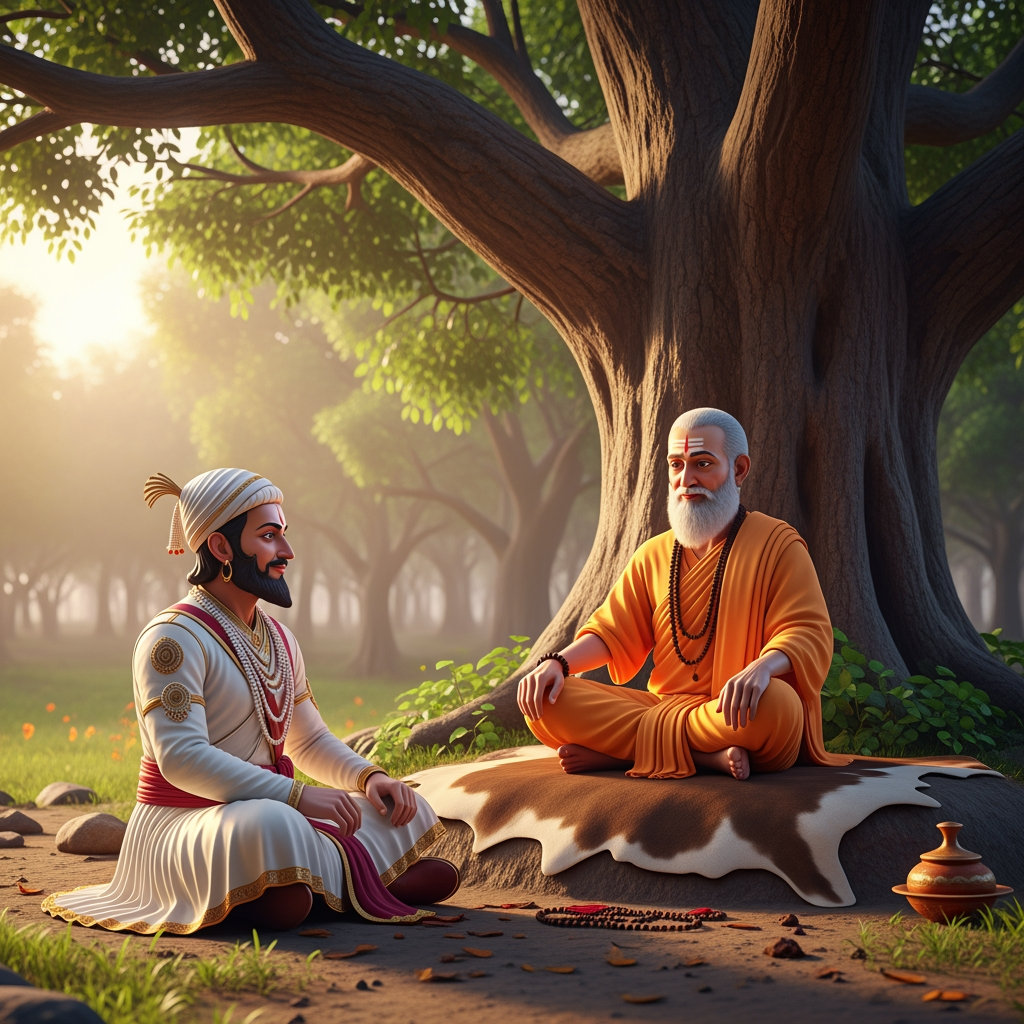 AI Design for Prompt:
"A cinematic 3D animated historical scene featuring the great Maratha king Chhatrapati Shivaji Maharaj sitting respectfully before his spiritual guru Samarth Ramdas in a peaceful forest ashram at sunrise. Ancient Indian architecture, saffron robes, traditional Maratha royal attire, gentle breeze, birds chirping, spiritual atmosphere, realistic facial expressions, cinematic lighting, high-quality animation, devotional mood, ultra-detailed, 4K."శివాజీ మహారాజు: "గురుదేవా, రాజ్యాన్ని పాలించడం నా కర్తవ్యం. కానీ మనశ్శాంతిని ఎలా పొందగలను?"
గురుజీ (సమర్థ రామదాస్): "శివబా, కర్తవ్యాన్ని భగవంతునికి అర్పణగా భావించి చేయి. ఫలితం గురించి ఆలోచించకు."
శివాజీ మహారాజు: "అలా చేస్తే ఆత్మశాంతి లభిస్తుందా గురుదేవా?"
గురుజీ: "అవును శివబా. భక్తి, ధర్మం, సేవ—ఈ మూడు నీకు నిజమైన శాంతిని ప్రసాదిస్తాయి."
శివాజీ మహారాజు: "మీ ఆశీర్వాదంతో ఆ మార్గంలో నడుస్తాను గురుదేవా."
గురుజీ: "శ్రీరాముని కృప నీతో ఎల్లప్పుడూ ఉంటుంది."🎵 Background Music: Soft flute, tanpura, birds chirping, peaceful devotional ambience.