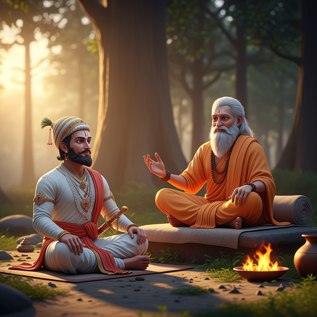 AI Design for Prompt:
"A cinematic 3D animated historical scene featuring the great Maratha king Chhatrapati Shivaji Maharaj sitting respectfully before his spiritual guru Samarth Ramdas in a peaceful forest ashram at sunrise. Ancient Indian architecture, saffron robes, traditional Maratha royal attire, gentle breeze, birds chirping, spiritual atmosphere, realistic facial expressions, cinematic lighting, high-quality animation, devotional mood, ultra-detailed, 4K."శివాజీ మహారాజు: "గురుదేవా, రాజ్యాన్ని పాలించడం నా కర్తవ్యం. కానీ మనశ్శాంతిని ఎలా పొందగలను?"
గురుజీ (సమర్థ రామదాస్): "శివబా, కర్తవ్యాన్ని భగవంతునికి అర్పణగా భావించి చేయి. ఫలితం గురించి ఆలోచించకు."
శివాజీ మహారాజు: "అలా చేస్తే ఆత్మశాంతి లభిస్తుందా గురుదేవా?"
గురుజీ: "అవును శివబా. భక్తి, ధర్మం, సేవ—ఈ మూడు నీకు నిజమైన శాంతిని ప్రసాదిస్తాయి."
శివాజీ మహారాజు: "మీ ఆశీర్వాదంతో ఆ మార్గంలో నడుస్తాను గురుదేవా."
గురుజీ: "శ్రీరాముని కృప నీతో ఎల్లప్పుడూ ఉంటుంది."🎵 Background Music: Soft flute, tanpura, birds chirping, peaceful devotional ambience.