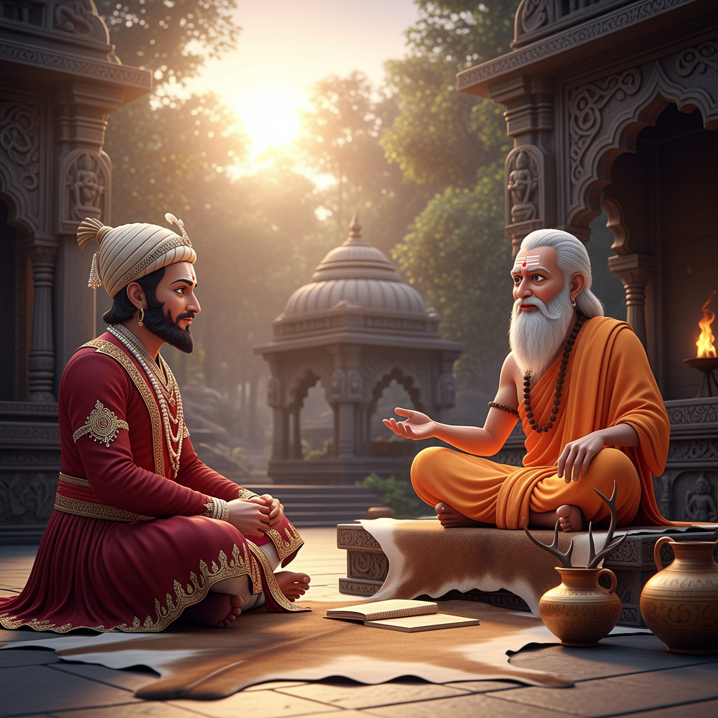AI Design for Prompt:
"A cinematic 3D animated historical scene featuring the great Maratha king Chhatrapati Shivaji Maharaj sitting respectfully before his spiritual guru Samarth Ramdas in a peaceful forest ashram at sunrise. Ancient Indian architecture, saffron robes, traditional Maratha royal attire, gentle breeze, birds chirping, spiritual atmosphere, realistic facial expressions, cinematic lighting, high-quality animation, devotional mood, ultra-detailed, 4K."శివాజీ మహారాజు: "గురుదేవా, రాజ్యాన్ని పాలించడం నా కర్తవ్యం. కానీ మనశ్శాంతిని ఎలా పొందగలను?"
గురుజీ (సమర్థ రామదాస్): "శివబా, కర్తవ్యాన్ని భగవంతునికి అర్పణగా భావించి చేయి. ఫలితం గురించి ఆలోచించకు."
శివాజీ మహారాజు: "అలా చేస్తే ఆత్మశాంతి లభిస్తుందా గురుదేవా?"
గురుజీ: "అవును శివబా. భక్తి, ధర్మం, సేవ—ఈ మూడు నీకు నిజమైన శాంతిని ప్రసాదిస్తాయి."
శివాజీ మహారాజు: "మీ ఆశీర్వాదంతో ఆ మార్గంలో నడుస్తాను గురుదేవా."
గురుజీ: "శ్రీరాముని కృప నీతో ఎల్లప్పుడూ ఉంటుంది."🎵 Background Music: Soft flute, tanpura, birds chirping, peaceful devotional ambience.