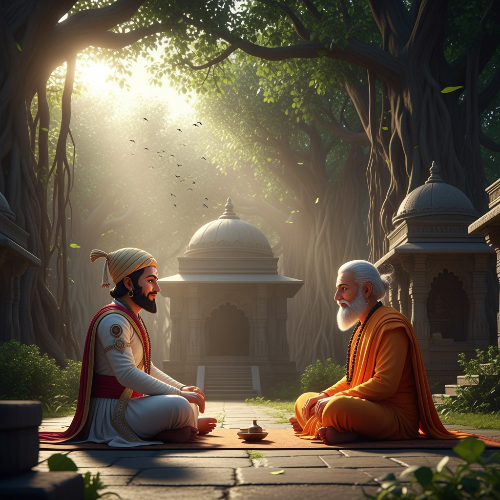 AI Design for Prompt:
"A cinematic 3D animated historical scene featuring the great Maratha king Chhatrapati Shivaji Maharaj sitting respectfully before his spiritual guru Samarth Ramdas in a peaceful forest ashram at sunrise. Ancient Indian architecture, saffron robes, traditional Maratha royal attire, gentle breeze, birds chirping, spiritual atmosphere, realistic facial expressions, cinematic lighting, high-quality animation, devotional mood, ultra-detailed, 4K."శివాజీ మహారాజు: "గురుదేవా, రాజ్యాన్ని పాలించడం నా కర్తవ్యం. కానీ మనశ్శాంతిని ఎలా పొందగలను?"
గురుజీ (సమర్థ రామదాస్): "శివబా, కర్తవ్యాన్ని భగవంతునికి అర్పణగా భావించి చేయి. ఫలితం గురించి ఆలోచించకు."
శివాజీ మహారాజు: "అలా చేస్తే ఆత్మశాంతి లభిస్తుందా గురుదేవా?"
గురుజీ: "అవును శివబా. భక్తి, ధర్మం, సేవ—ఈ మూడు నీకు నిజమైన శాంతిని ప్రసాదిస్తాయి."
శివాజీ మహారాజు: "మీ ఆశీర్వాదంతో ఆ మార్గంలో నడుస్తాను గురుదేవా."
గురుజీ: "శ్రీరాముని కృప నీతో ఎల్లప్పుడూ ఉంటుంది."🎵 Background Music: Soft flute, tanpura, birds chirping, peaceful devotional ambience.