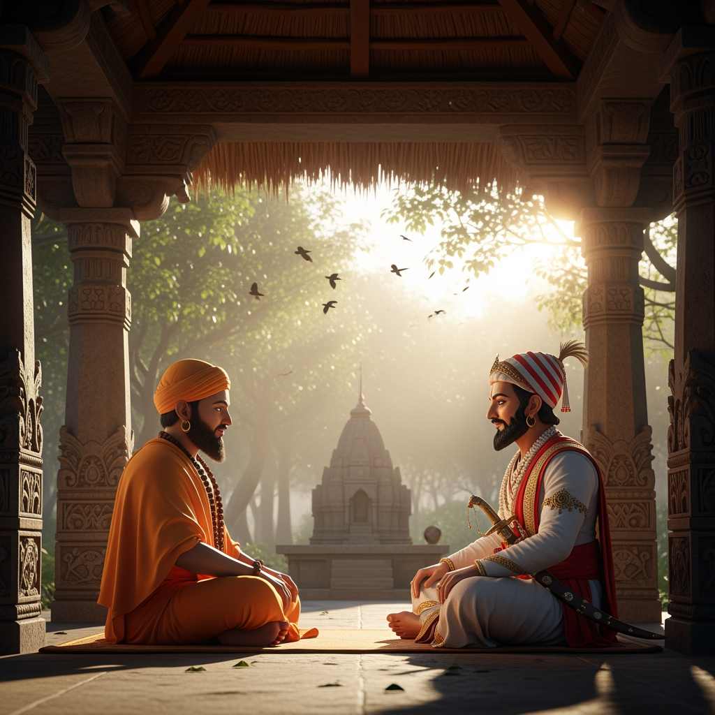 AI Design for Prompt:
"A cinematic 3D animated historical scene featuring the great Maratha king Chhatrapati Shivaji Maharaj sitting respectfully before his spiritual guru Samarth Ramdas in a peaceful forest ashram at sunrise. Ancient Indian architecture, saffron robes, traditional Maratha royal attire, gentle breeze, birds chirping, spiritual atmosphere, realistic facial expressions, cinematic lighting, high-quality animation, devotional mood, ultra-detailed, 4K."శివాజీ మహారాజు: "గురుదేవా, రాజ్యాన్ని పాలించడం నా కర్తవ్యం. కానీ మనశ్శాంతిని ఎలా పొందగలను?"
గురుజీ (సమర్థ రామదాస్): "శివబా, కర్తవ్యాన్ని భగవంతునికి అర్పణగా భావించి చేయి. ఫలితం గురించి ఆలోచించకు."
శివాజీ మహారాజు: "అలా చేస్తే ఆత్మశాంతి లభిస్తుందా గురుదేవా?"
గురుజీ: "అవును శివబా. భక్తి, ధర్మం, సేవ—ఈ మూడు నీకు నిజమైన శాంతిని ప్రసాదిస్తాయి."
శివాజీ మహారాజు: "మీ ఆశీర్వాదంతో ఆ మార్గంలో నడుస్తాను గురుదేవా."
గురుజీ: "శ్రీరాముని కృప నీతో ఎల్లప్పుడూ ఉంటుంది."🎵 Background Music: Soft flute, tanpura, birds chirping, peaceful devotional ambience.