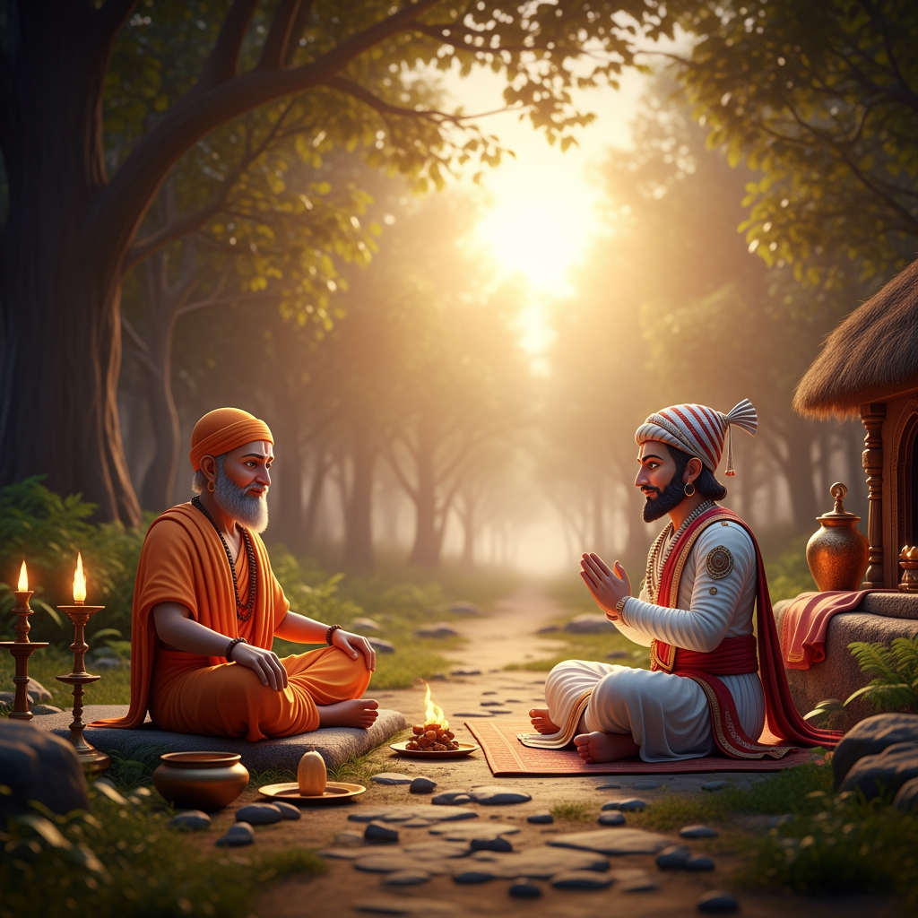 AI Design for Prompt:
"A cinematic 3D animated historical scene featuring the great Maratha king Chhatrapati Shivaji Maharaj sitting respectfully before his spiritual guru Samarth Ramdas in a peaceful forest ashram at sunrise. Ancient Indian architecture, saffron robes, traditional Maratha royal attire, gentle breeze, birds chirping, spiritual atmosphere, realistic facial expressions, cinematic lighting, high-quality animation, devotional mood, ultra-detailed, 4K."శివాజీ మహారాజు: "గురుదేవా, రాజ్యాన్ని పాలించడం నా కర్తవ్యం. కానీ మనశ్శాంతిని ఎలా పొందగలను?"
గురుజీ (సమర్థ రామదాస్): "శివబా, కర్తవ్యాన్ని భగవంతునికి అర్పణగా భావించి చేయి. ఫలితం గురించి ఆలోచించకు."
శివాజీ మహారాజు: "అలా చేస్తే ఆత్మశాంతి లభిస్తుందా గురుదేవా?"
గురుజీ: "అవును శివబా. భక్తి, ధర్మం, సేవ—ఈ మూడు నీకు నిజమైన శాంతిని ప్రసాదిస్తాయి."
శివాజీ మహారాజు: "మీ ఆశీర్వాదంతో ఆ మార్గంలో నడుస్తాను గురుదేవా."
గురుజీ: "శ్రీరాముని కృప నీతో ఎల్లప్పుడూ ఉంటుంది."🎵 Background Music: Soft flute, tanpura, birds chirping, peaceful devotional ambience.