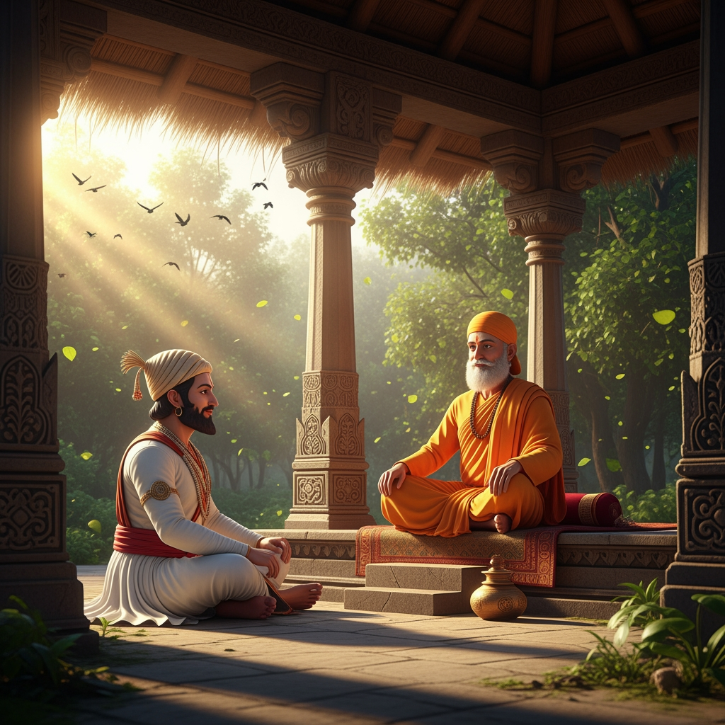 AI Design for Prompt:
"A cinematic 3D animated historical scene featuring the great Maratha king Chhatrapati Shivaji Maharaj sitting respectfully before his spiritual guru Samarth Ramdas in a peaceful forest ashram at sunrise. Ancient Indian architecture, saffron robes, traditional Maratha royal attire, gentle breeze, birds chirping, spiritual atmosphere, realistic facial expressions, cinematic lighting, high-quality animation, devotional mood, ultra-detailed, 4K."శివాజీ మహారాజు: "గురుదేవా, రాజ్యాన్ని పాలించడం నా కర్తవ్యం. కానీ మనశ్శాంతిని ఎలా పొందగలను?"
గురుజీ (సమర్థ రామదాస్): "శివబా, కర్తవ్యాన్ని భగవంతునికి అర్పణగా భావించి చేయి. ఫలితం గురించి ఆలోచించకు."
శివాజీ మహారాజు: "అలా చేస్తే ఆత్మశాంతి లభిస్తుందా గురుదేవా?"
గురుజీ: "అవును శివబా. భక్తి, ధర్మం, సేవ—ఈ మూడు నీకు నిజమైన శాంతిని ప్రసాదిస్తాయి."
శివాజీ మహారాజు: "మీ ఆశీర్వాదంతో ఆ మార్గంలో నడుస్తాను గురుదేవా."
గురుజీ: "శ్రీరాముని కృప నీతో ఎల్లప్పుడూ ఉంటుంది."🎵 Background Music: Soft flute, tanpura, birds chirping, peaceful devotional ambience give me in vedio .