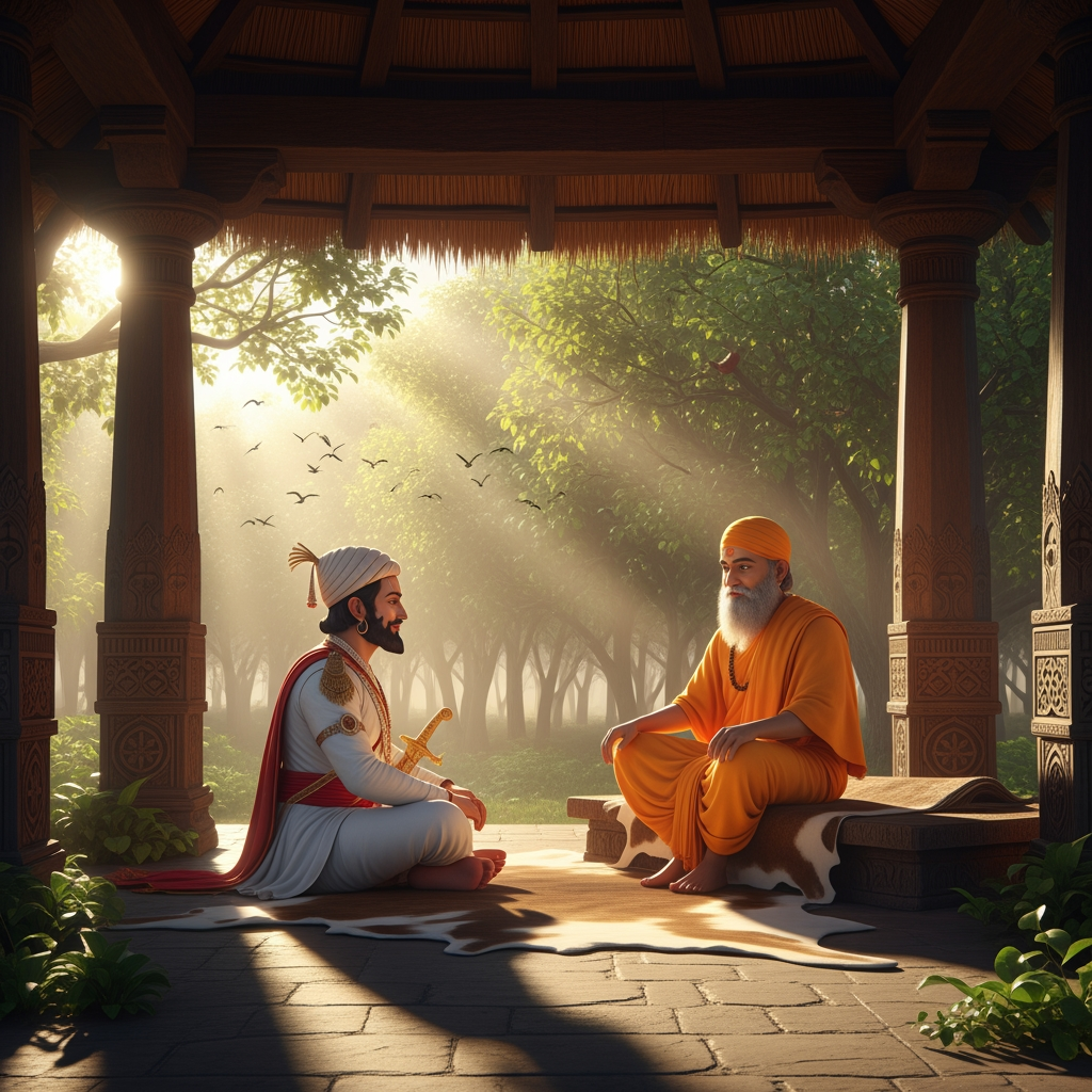 AI Design for Prompt:
"A cinematic 3D animated historical scene featuring the great Maratha king Chhatrapati Shivaji Maharaj sitting respectfully before his spiritual guru Samarth Ramdas in a peaceful forest ashram at sunrise. Ancient Indian architecture, saffron robes, traditional Maratha royal attire, gentle breeze, birds chirping, spiritual atmosphere, realistic facial expressions, cinematic lighting, high-quality animation, devotional mood, ultra-detailed, 4K."శివాజీ మహారాజు: "గురుదేవా, రాజ్యాన్ని పాలించడం నా కర్తవ్యం. కానీ మనశ్శాంతిని ఎలా పొందగలను?"
గురుజీ (సమర్థ రామదాస్): "శివబా, కర్తవ్యాన్ని భగవంతునికి అర్పణగా భావించి చేయి. ఫలితం గురించి ఆలోచించకు."
శివాజీ మహారాజు: "అలా చేస్తే ఆత్మశాంతి లభిస్తుందా గురుదేవా?"
గురుజీ: "అవును శివబా. భక్తి, ధర్మం, సేవ—ఈ మూడు నీకు నిజమైన శాంతిని ప్రసాదిస్తాయి."
శివాజీ మహారాజు: "మీ ఆశీర్వాదంతో ఆ మార్గంలో నడుస్తాను గురుదేవా."
గురుజీ: "శ్రీరాముని కృప నీతో ఎల్లప్పుడూ ఉంటుంది."🎵 Background Music: Soft flute, tanpura, birds chirping, peaceful devotional ambience give me in vedio .