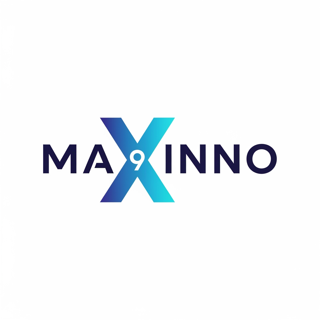 AI Design for Create a typography-only logo for MAXINNO. Do not use any separate icon or symbol. The logo itself must be the brand identity. Replace the letter X with a unique oversized geometric X that is 30% larger than all other letters. Integrate a hidden number 9 into the negative space of the X. Modern sans-serif typography, minimalist style, blue-to-cyan gradient on the X only, remaining letters dark navy, clean white background, Google-level simplicity, Fortune 500 branding, scalable wordmark, timeless and professional.