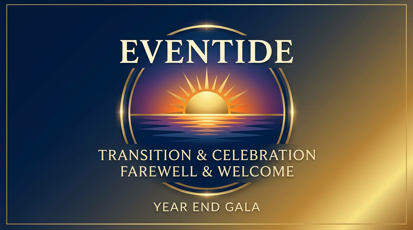 AI Design for task- design a logo for my upcoming programme 




1. Core Event Details

Event Name: EVENTIDE
Purpose: A formal transition program dedicated to giving a farewell to old members and welcoming new leaders, and celebrate the end of year / session 

2. Design & Aesthetics

Style: Classic, formal, and eye-catching. It needs , high-end look without looking cheap or overly corporate.

Key Symbol: analysis the word eventide then select s symbol according to this 
Typography:Bold, clean, strong, and highly legible typography for the word "EVENTIDE".