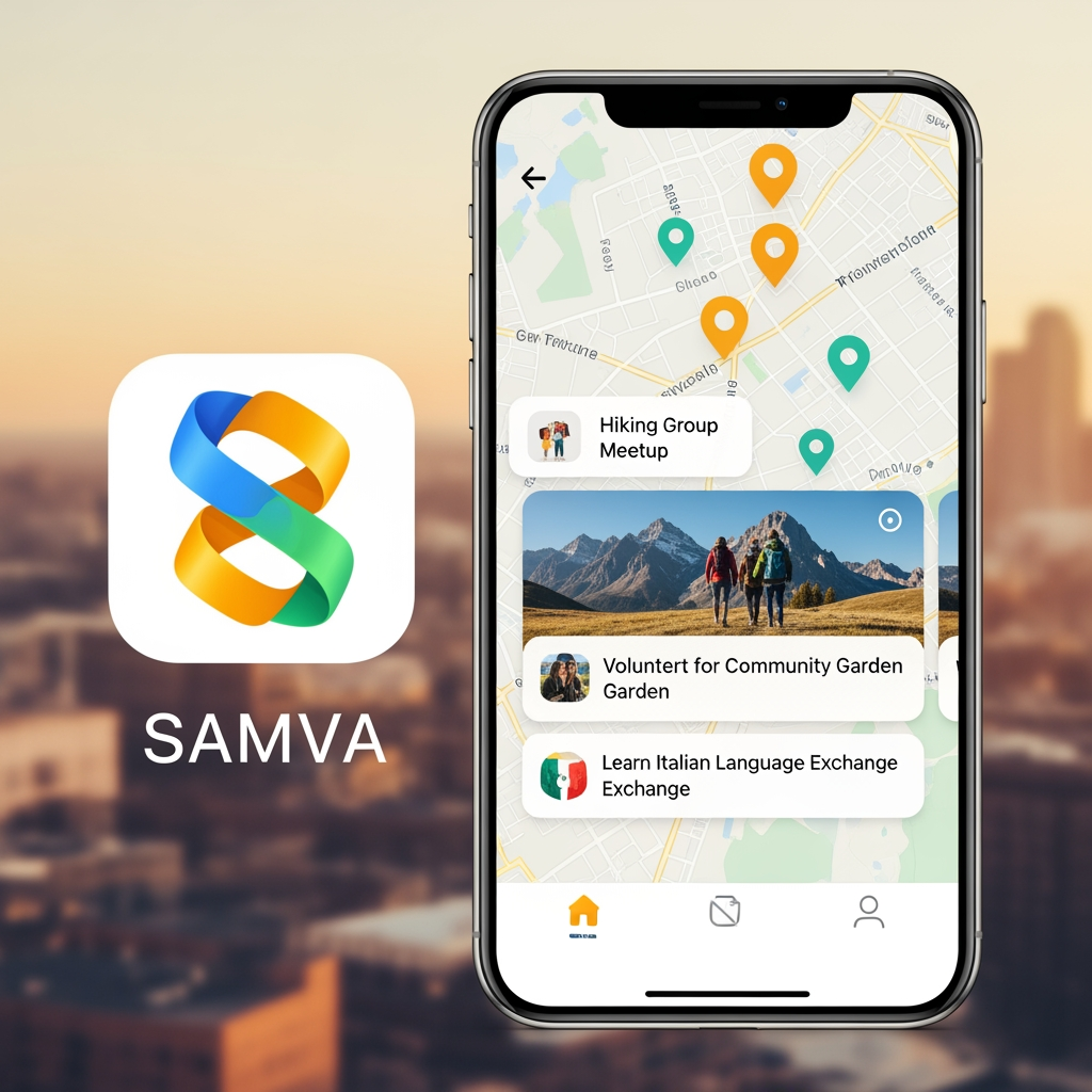 AI Design for app name is SAMVA helps people connect through nearby activities, interest-based communities, and local tasks, making it easier to meet, collaborate, and earn in a new city.