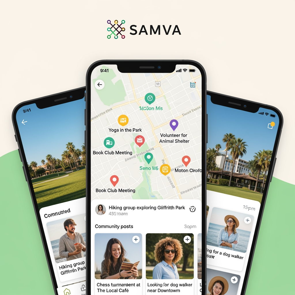 AI Design for app name is SAMVA helps people connect through nearby activities, interest-based communities, and local tasks, making it easier to meet, collaborate, and earn in a new city.