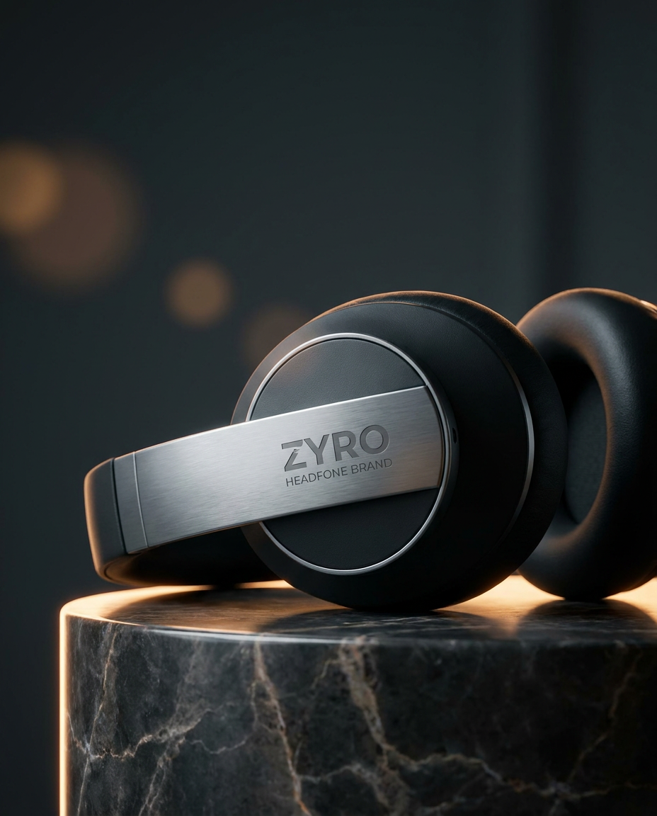 AI Design for A high-end, cinematic product photography shot of the ZYRO HEADFONE BRAND featuring a sleek, minimalist design with metallic brushed aluminum accents and soft matte black textures. The headphones are displayed on a premium, dark marble pedestal under dramatic rim lighting that highlights the ergonomic contours, set against a moody, deep charcoal studio background with soft bokeh highlights.