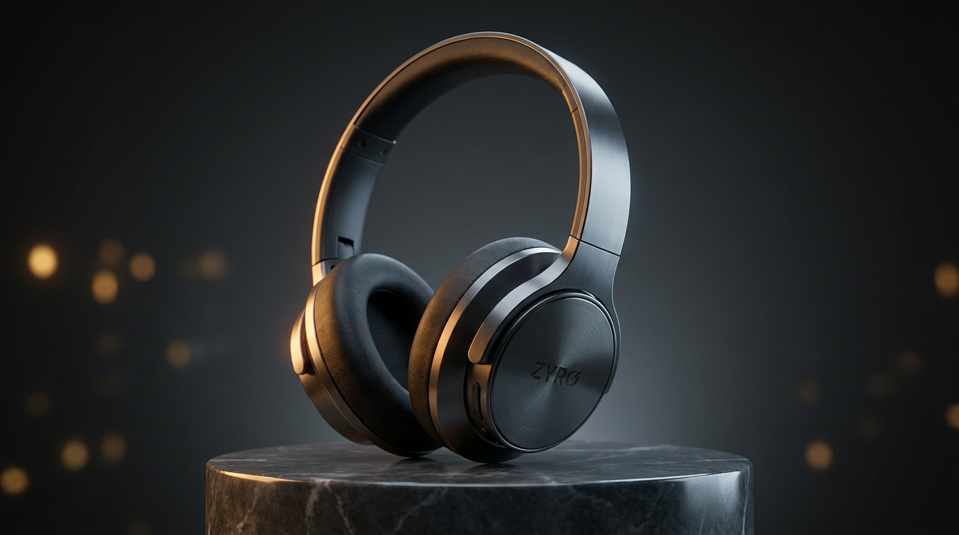AI Design for A high-end, cinematic product photography shot of the ZYRO HEADFONE BRAND featuring a sleek, minimalist design with metallic brushed aluminum accents and soft matte black textures. The headphones are displayed on a premium, dark marble pedestal under dramatic rim lighting that highlights the ergonomic contours, set against a moody, deep charcoal studio background with soft bokeh highlights.